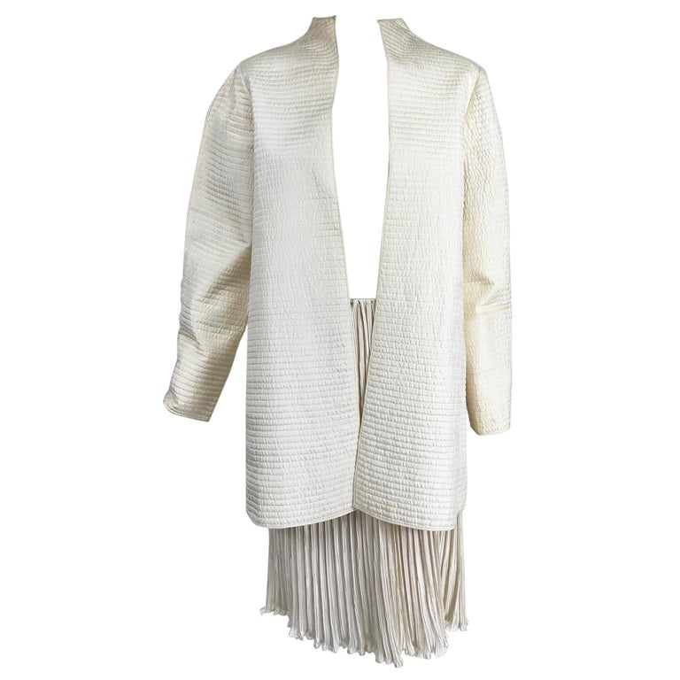 Mary McFadden Ivory Quilted Jacket and Fortuny Stye Pleated Skirt Set For Sale