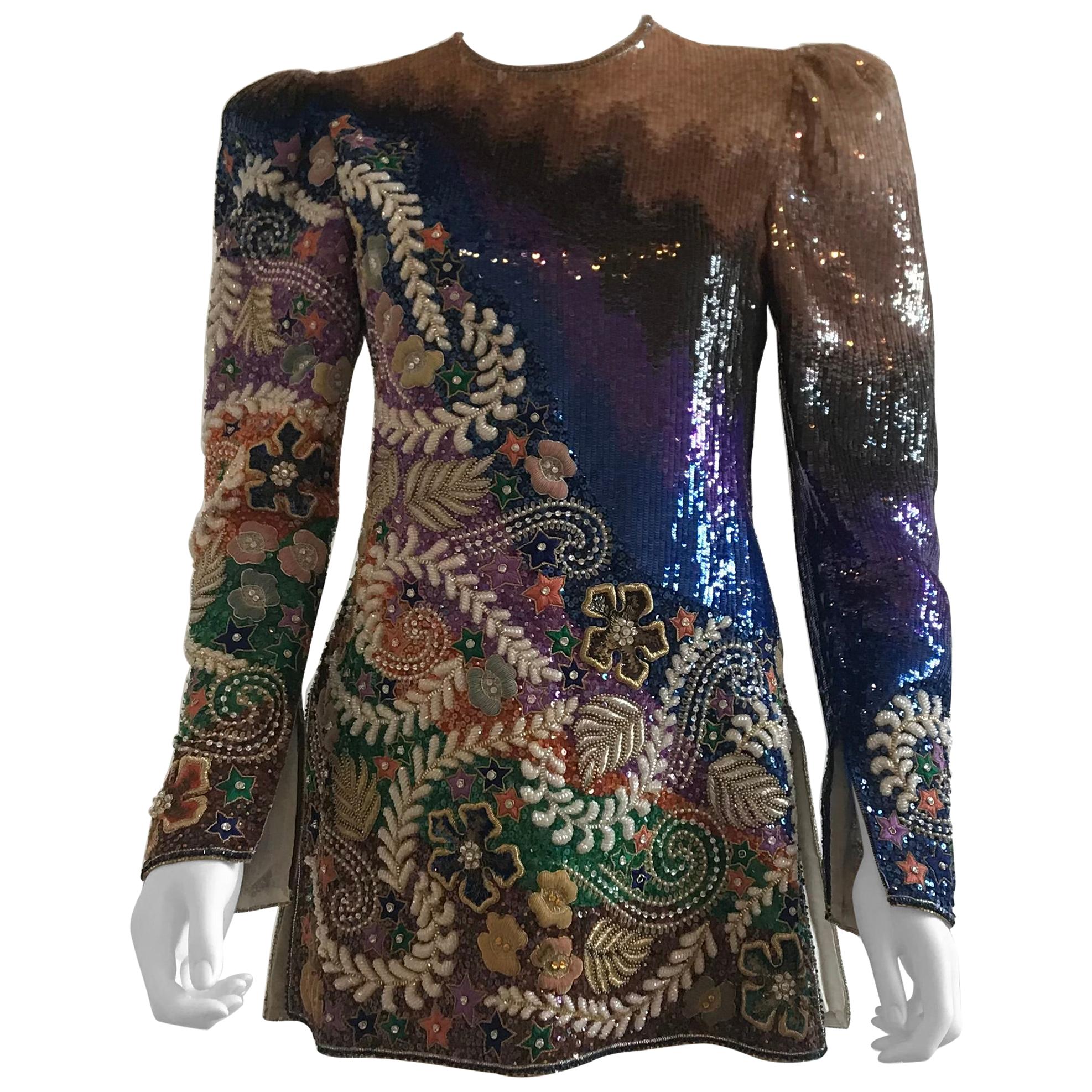 Mary McFadden Multi Color Sequins and Embroidered Top/Mini Dress For Sale 3