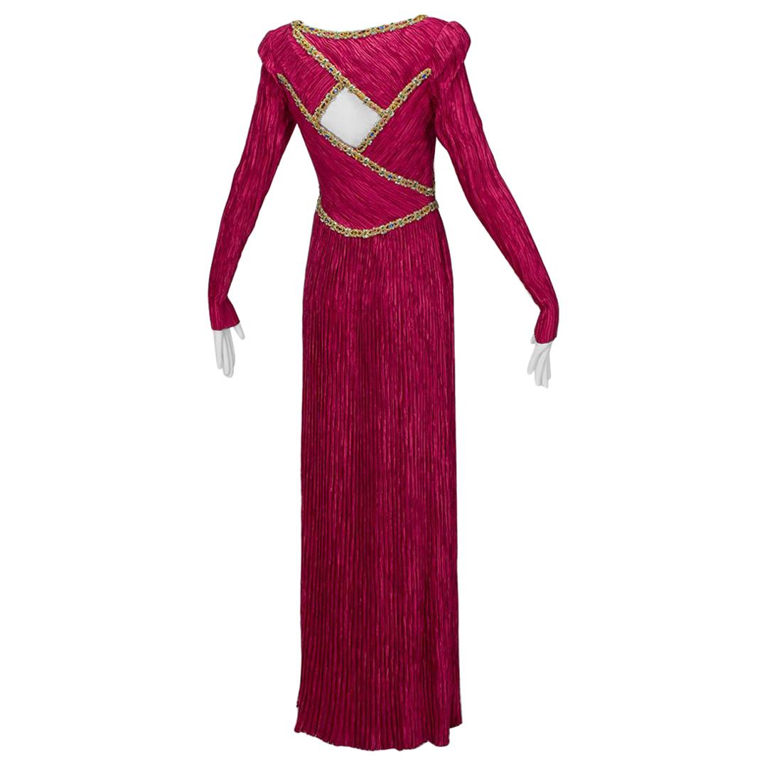 Mary McFadden Numbered Couture Jeweled Raspberry Keyhole Back Gown - XS-S, 1980s