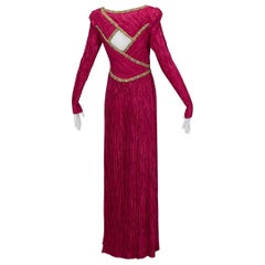 Mary McFadden - Robe couture numérotée avec trou de serrure et bijoux en forme de trou de serrure en framboise, taille XS-S, années 1980