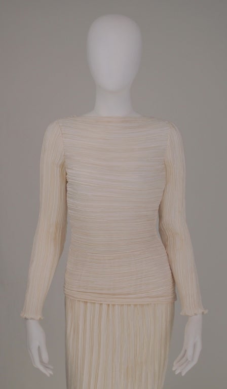 Mary McFadden Off White Tiered Fortuny Pleated Evening Dress 1980s In Excellent Condition In West Palm Beach, FL