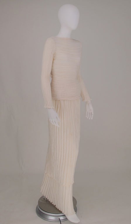 Women's Mary McFadden Off White Tiered Fortuny Pleated Evening Dress 1980s