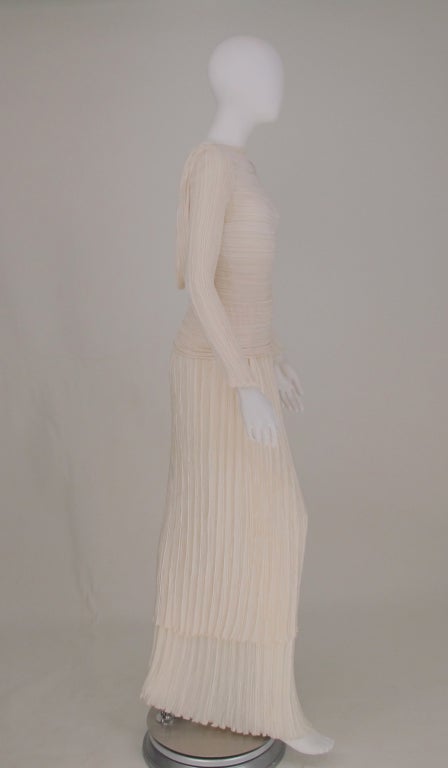 Mary McFadden Off White Tiered Fortuny Pleated Evening Dress 1980s 1