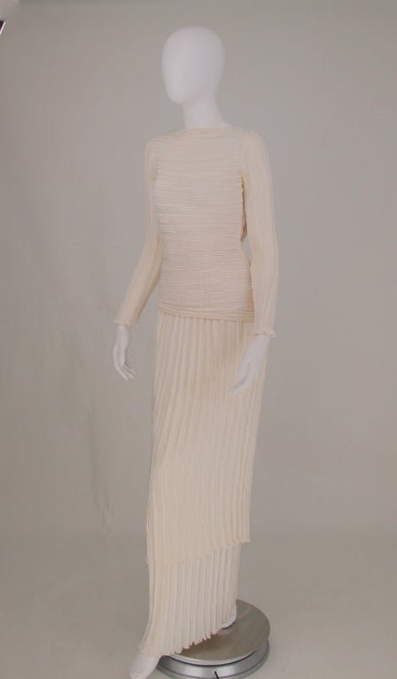 Mary McFadden Off White Tiered Fortuny Pleated Evening Dress 1980s 5