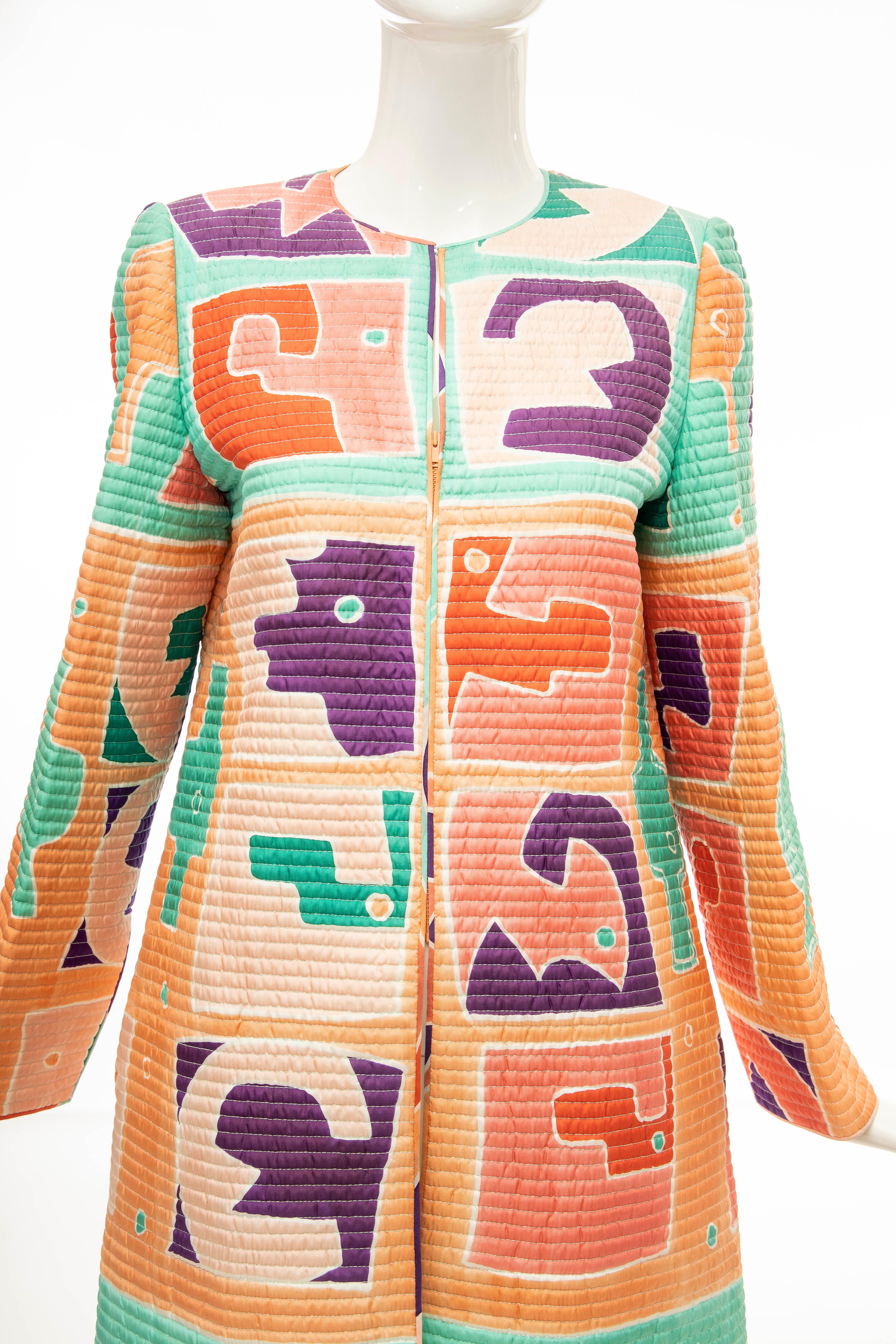 Beige Mary McFadden Silk Lightweight Quilted & Printed Long Coat, Circa: 1980's