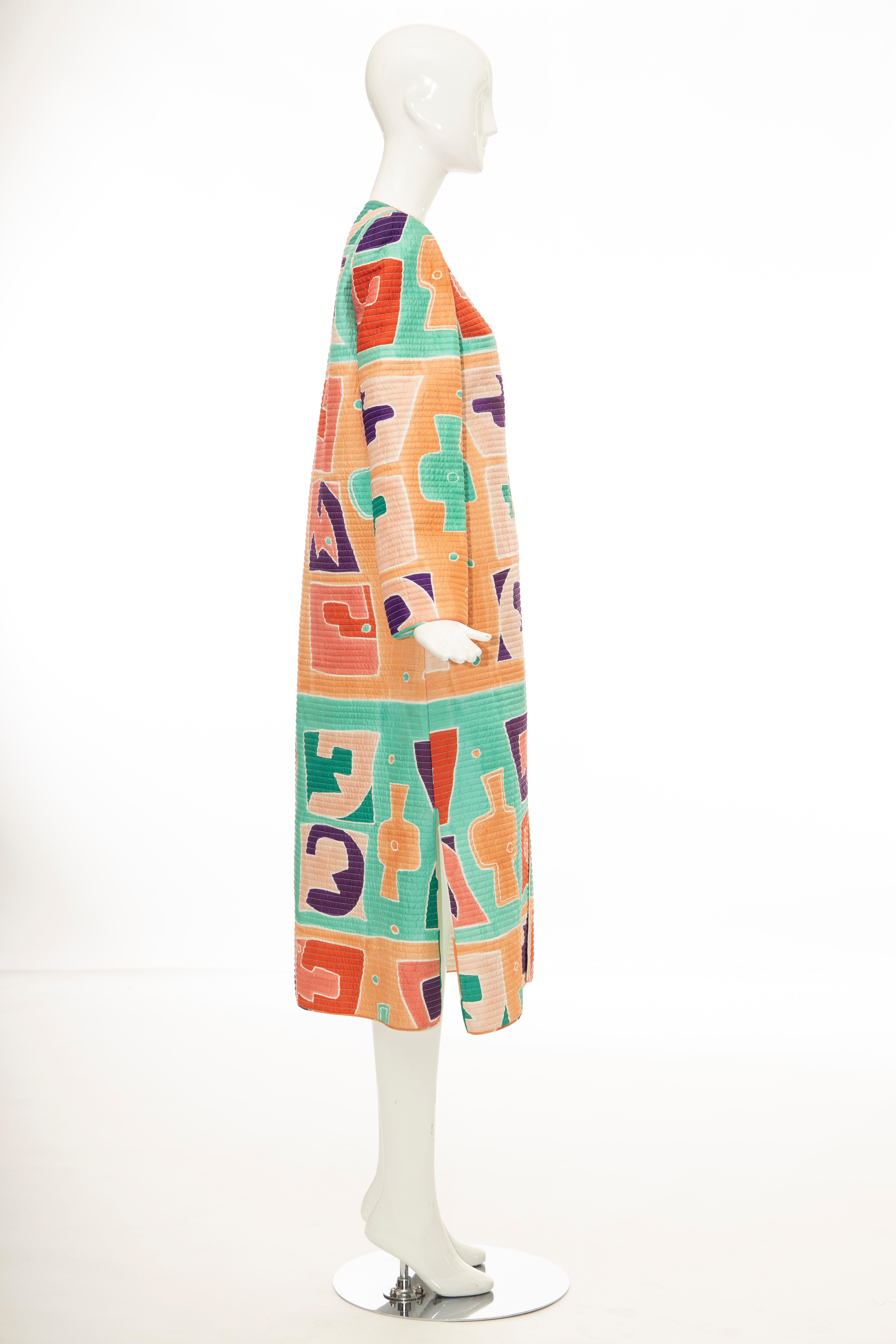 Women's Mary McFadden Silk Lightweight Quilted & Printed Long Coat, Circa: 1980's