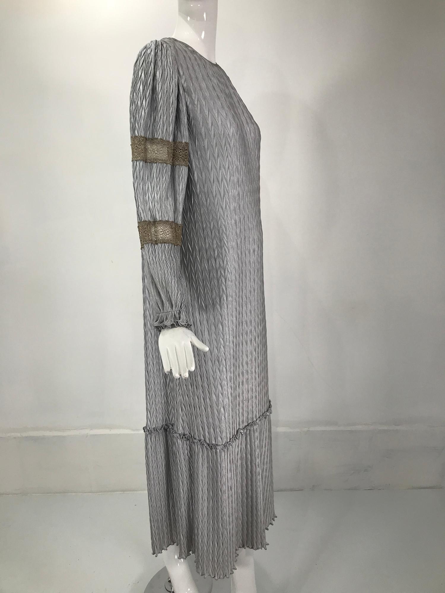 Mary McFadden Silver Grey & Gold Lace Collection 1 Peasant Style Dress In Good Condition In West Palm Beach, FL