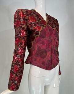 Mary McFadden Wine Quilted Brocade Sequin & Beaded Fitted Evening Jacket
