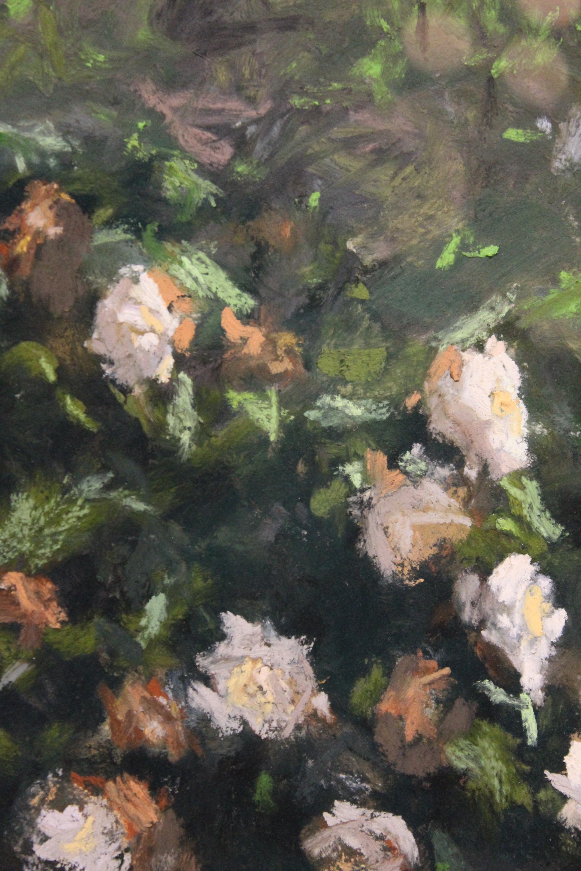 White Camelia - Black Landscape Painting by Mary Monk