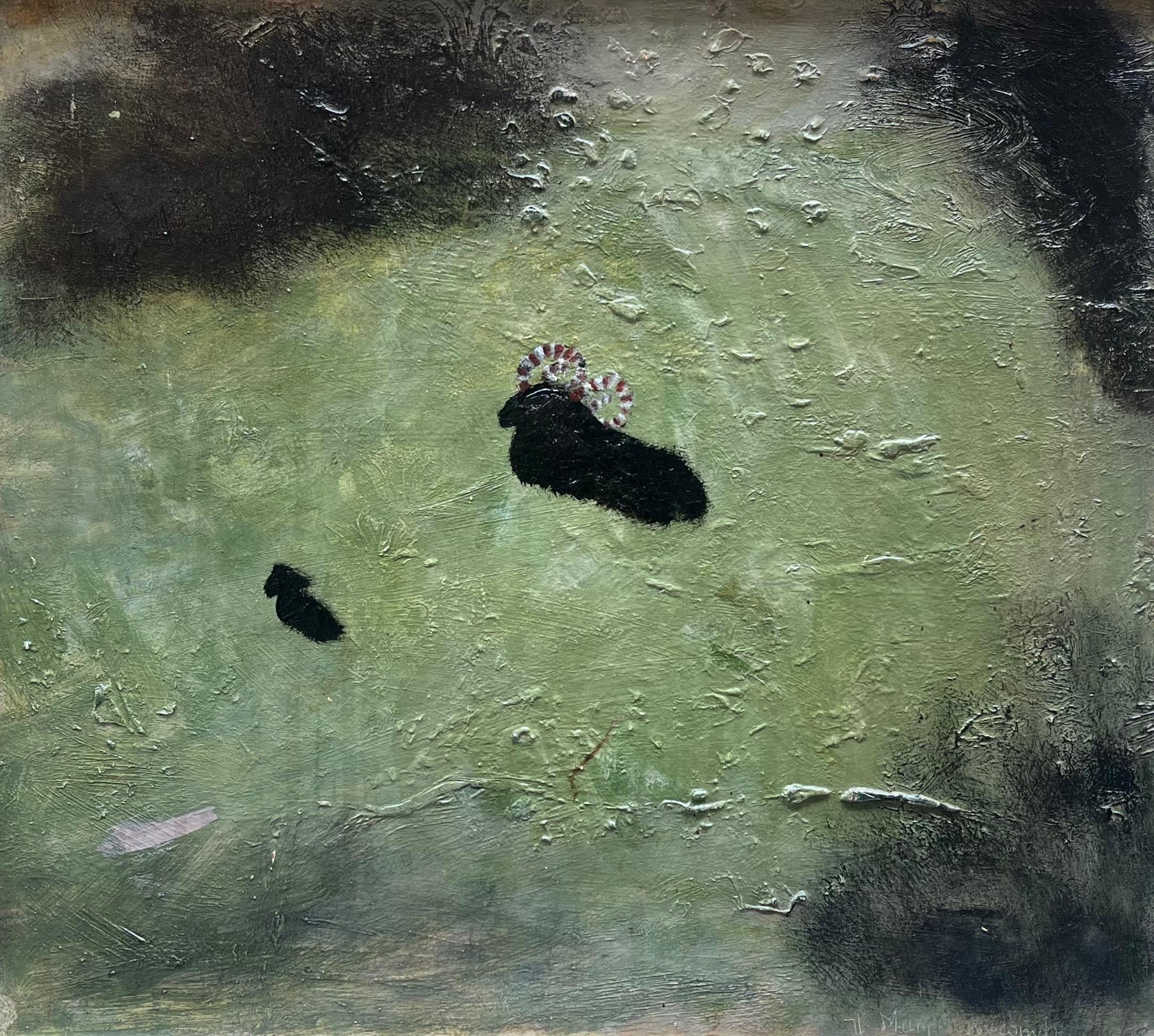 Mary Newcomb
Ram and Small Lamb
1922-2008
Oil on panel, signed & dated twice lower left, signed and titled verso
Image size: 14 1/4 x 15 3/4 inches (36 x 40 cm)
Original frame

This painting depicts a ram and a lamb sitting in a green field. The