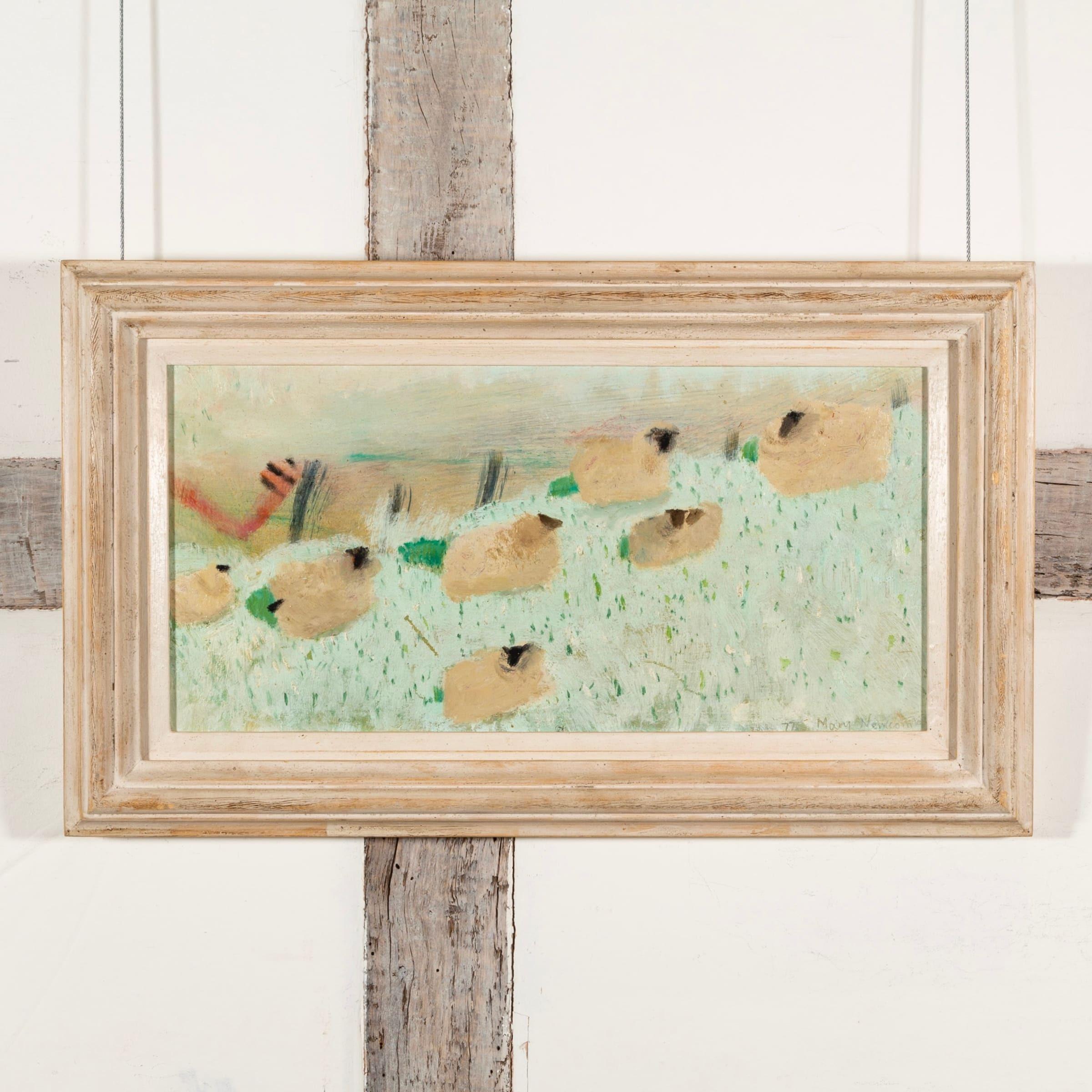 Pecore nel gelo (gennaio), dipinto a olio su tavola di Mary Newcomb, 1977 1