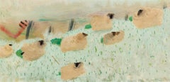 Pecore nel gelo (gennaio), dipinto a olio su tavola di Mary Newcomb, 1977