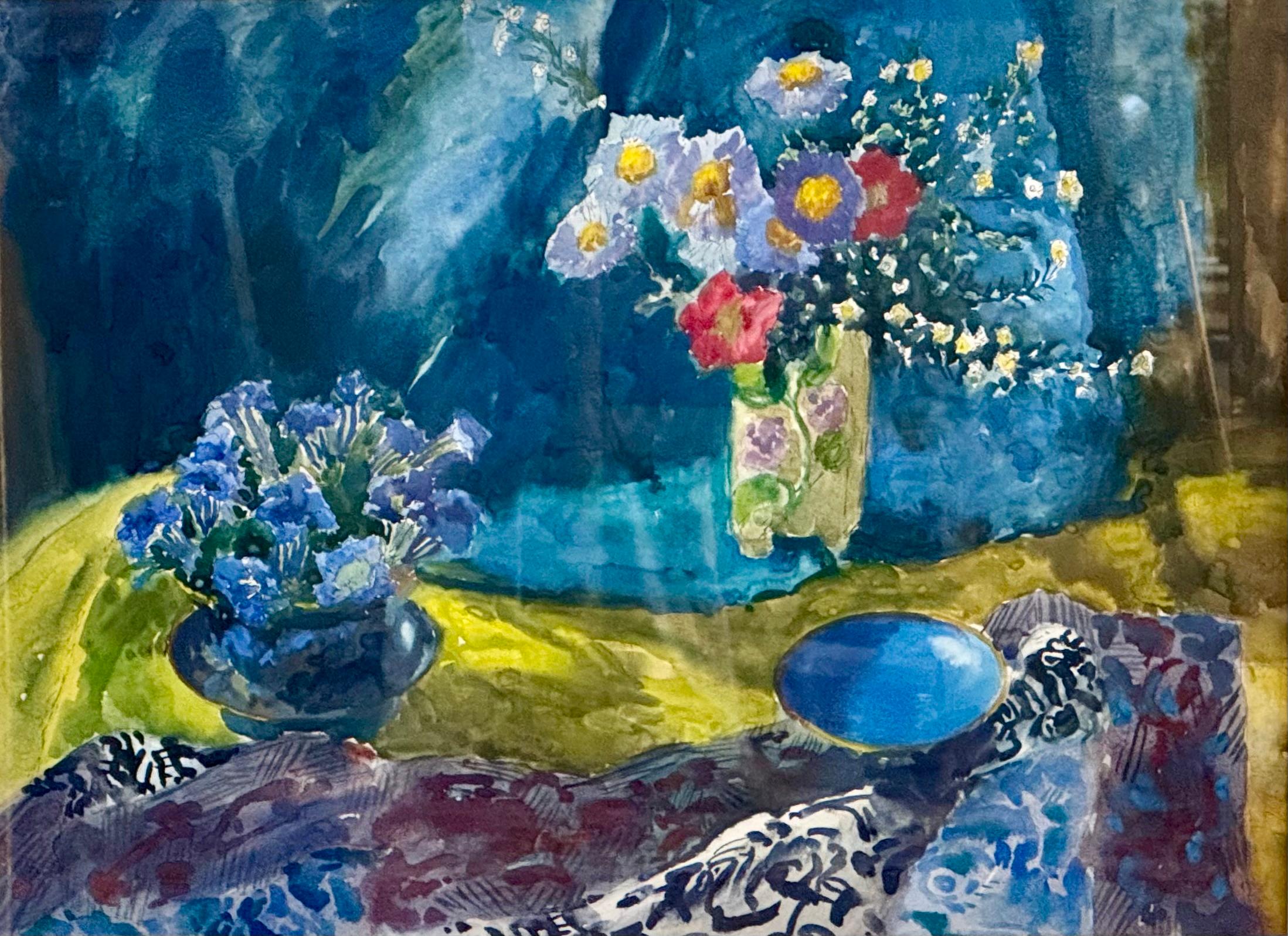 Mary Nicoll Neill Armour Still-Life Painting - Yellows and Blues Still Life, 1959, Modern Abstract expressive table setting