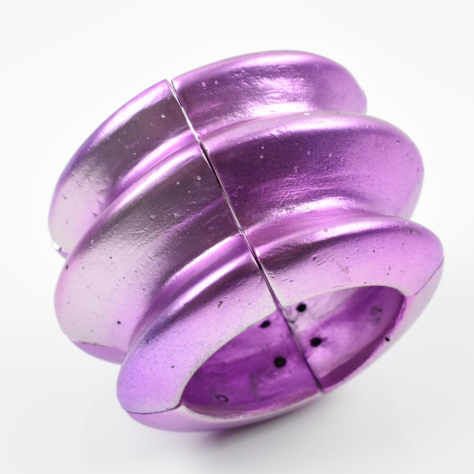 Modernist Mary Oros Massive Purple Resin Stretch Geometric Bracelet Bangle For Sale