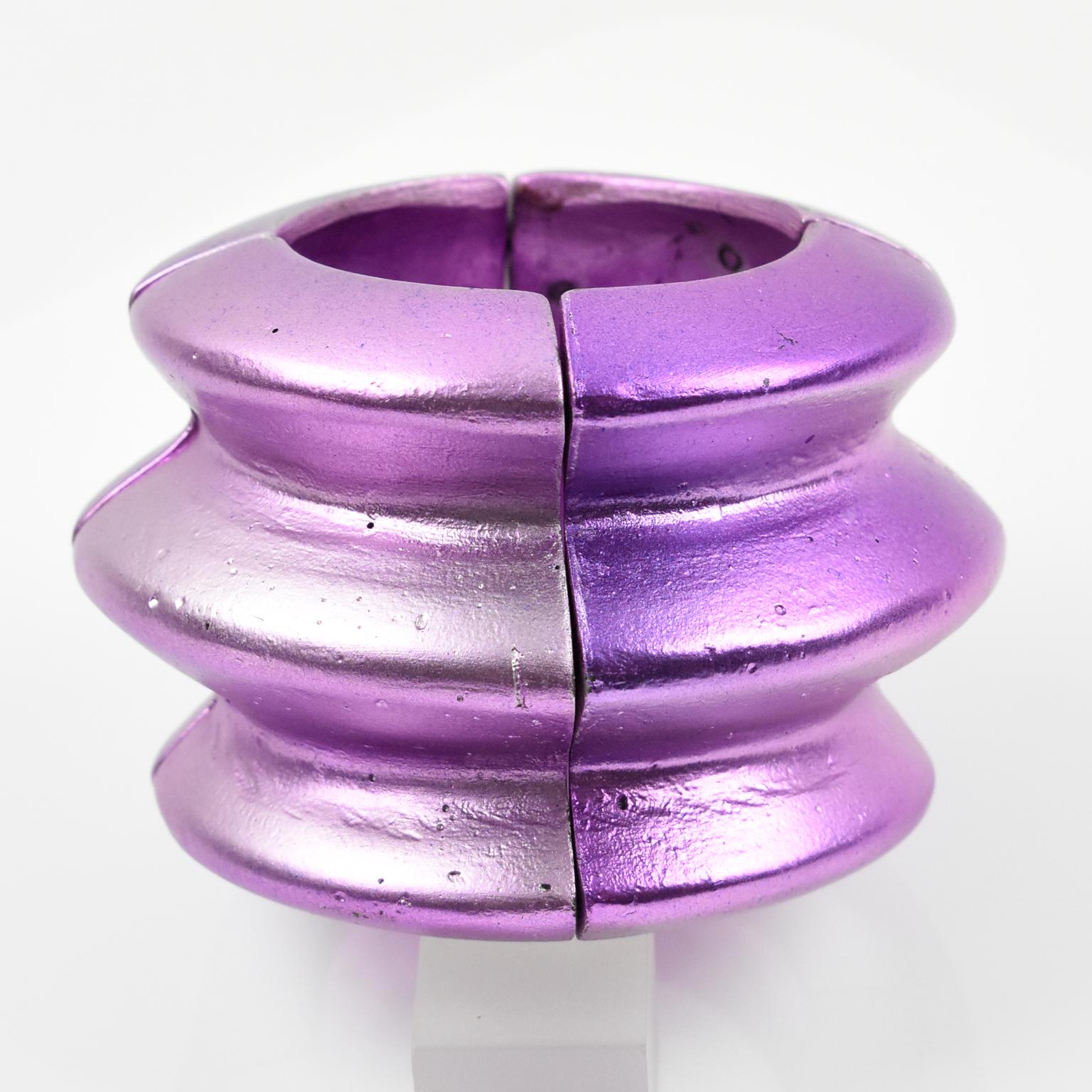 Women's or Men's Mary Oros Massive Purple Resin Stretch Geometric Bracelet Bangle For Sale