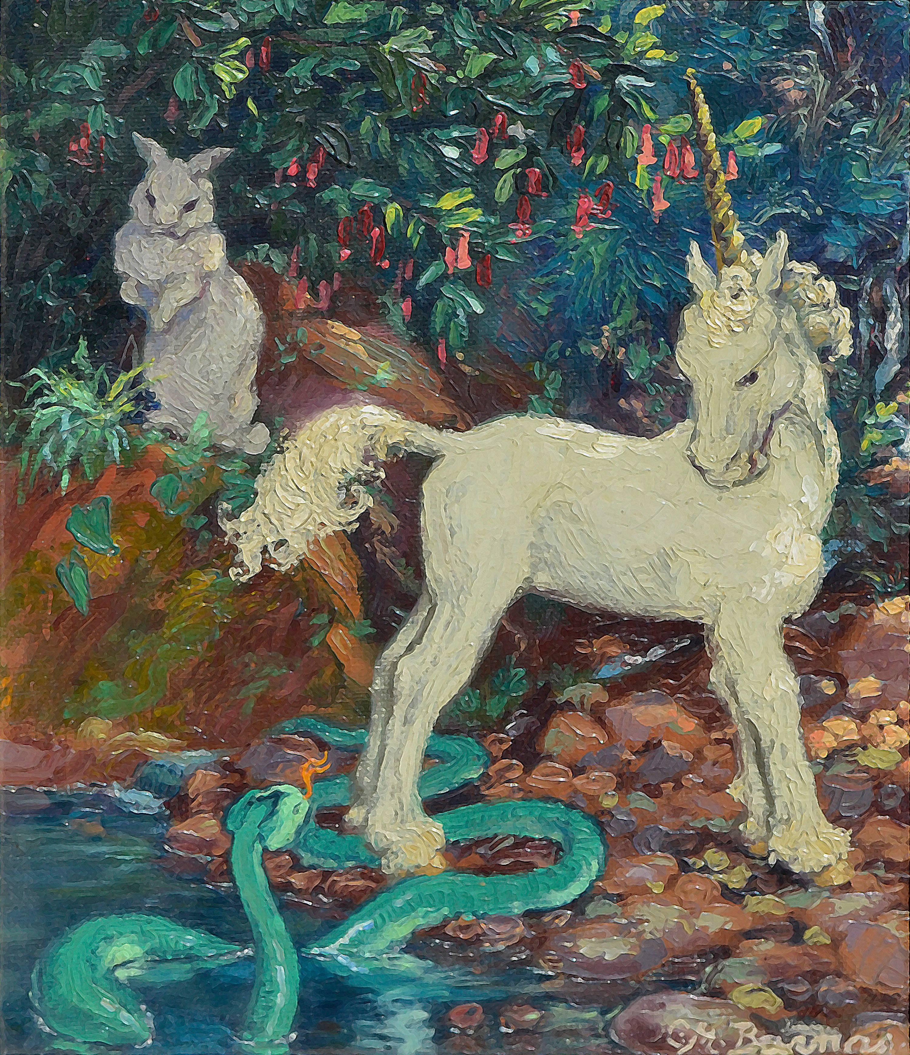 Unicorn, Serpent and Rabbit - Painting by Mary Pomeroy