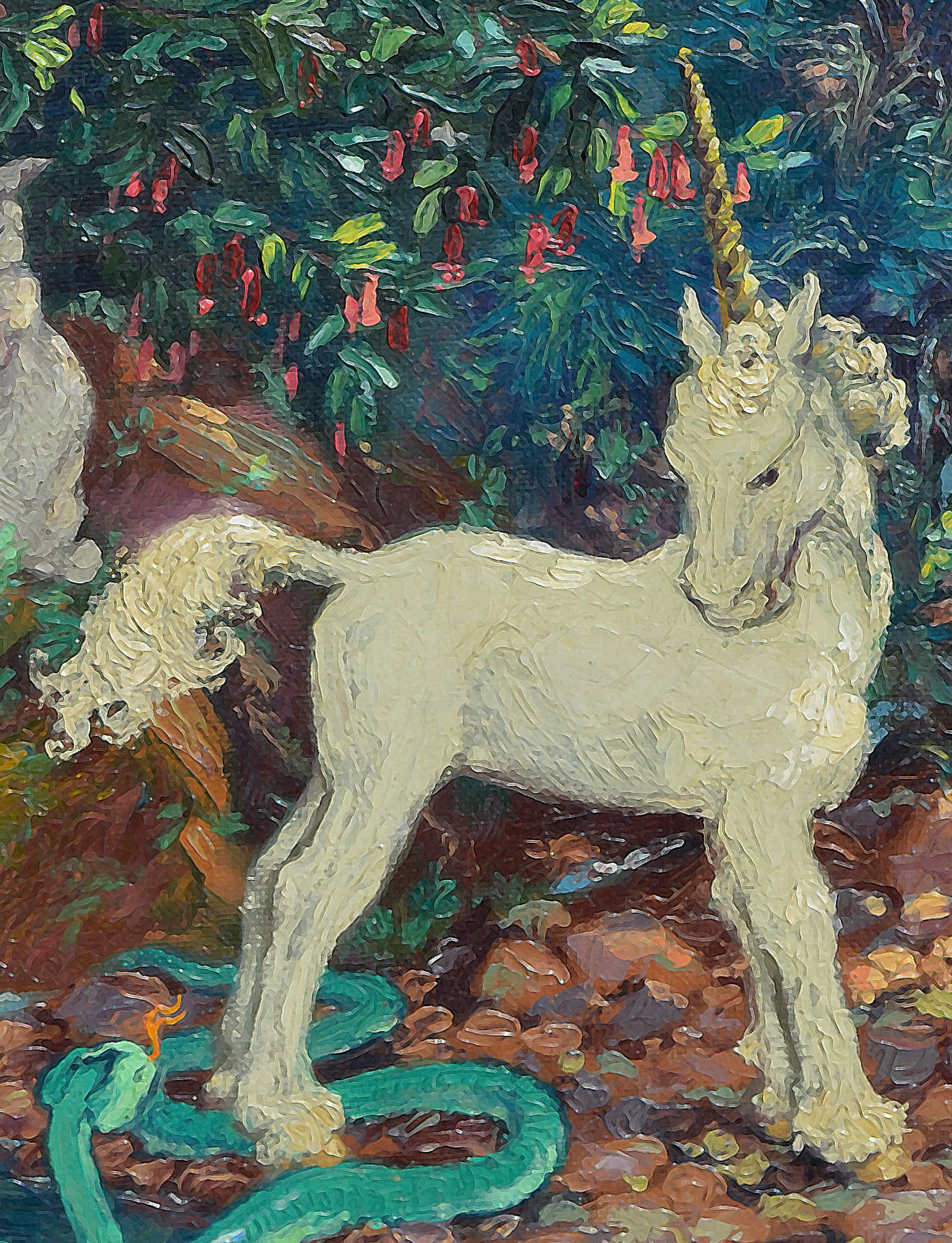 Unicorn, Serpent and Rabbit - American Impressionist Painting by Mary Pomeroy