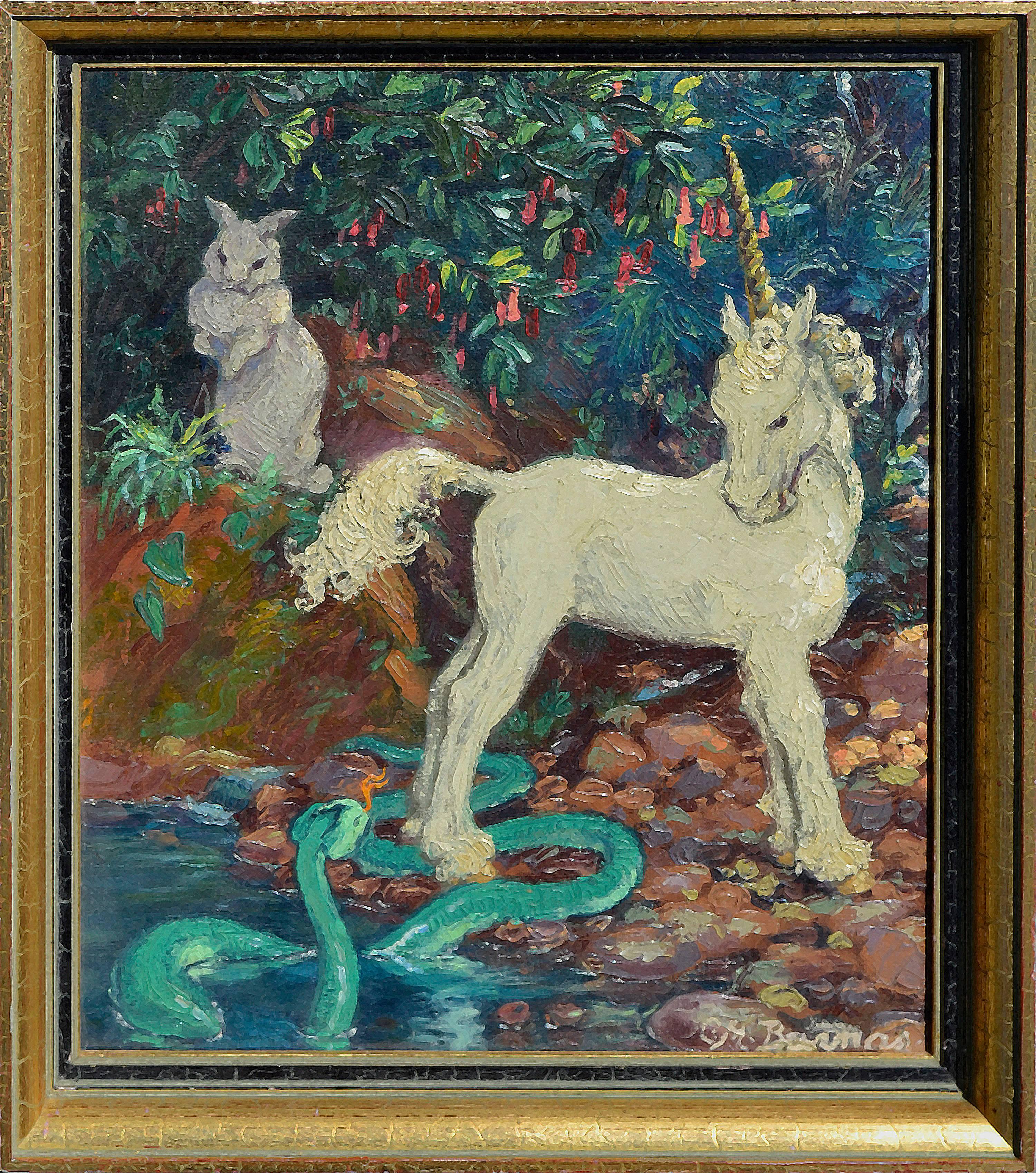 Mary Pomeroy Landscape Painting - Unicorn, Serpent and Rabbit