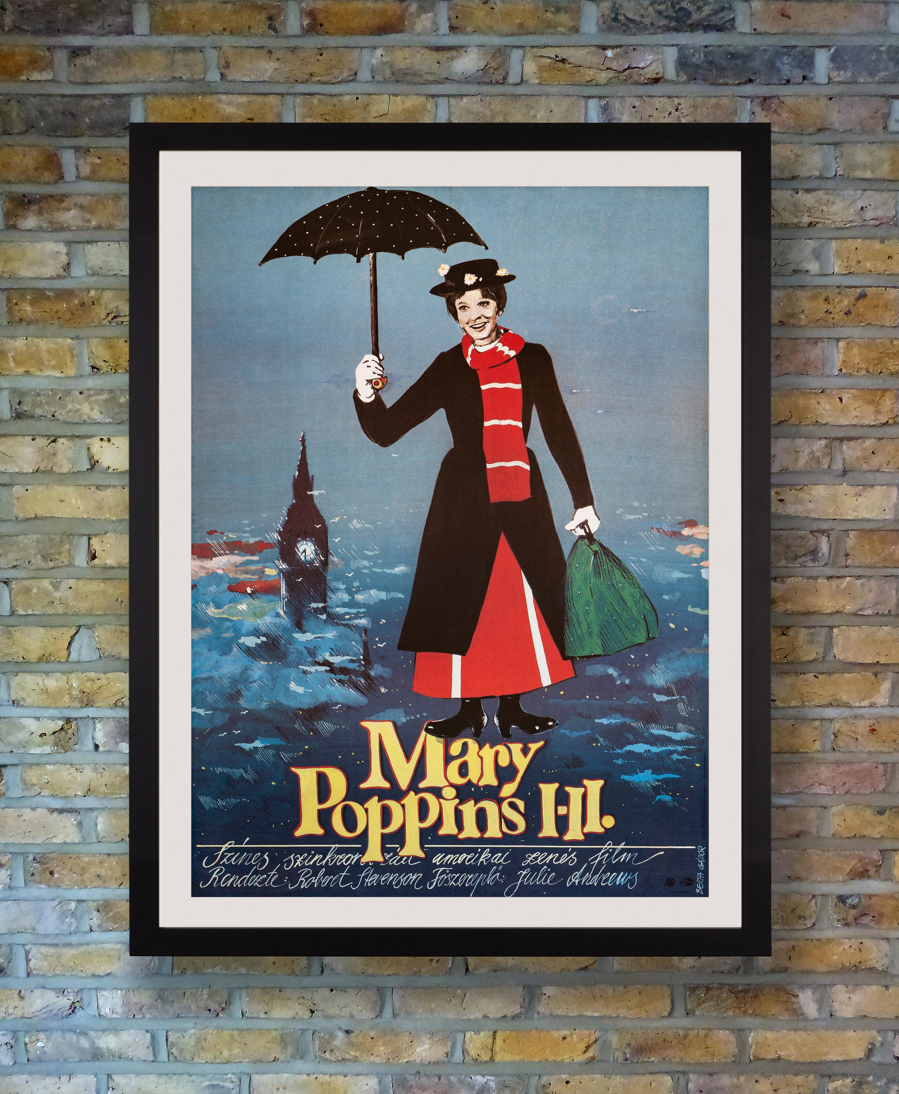 With her trusty umbrella, Mary Poppins gracefully soars above the misty London skyline on this enchanting poster for the first Hungarian release of Walt Disney's Classic musical fantasy in 1986. Although Western films were shown during the Soviet