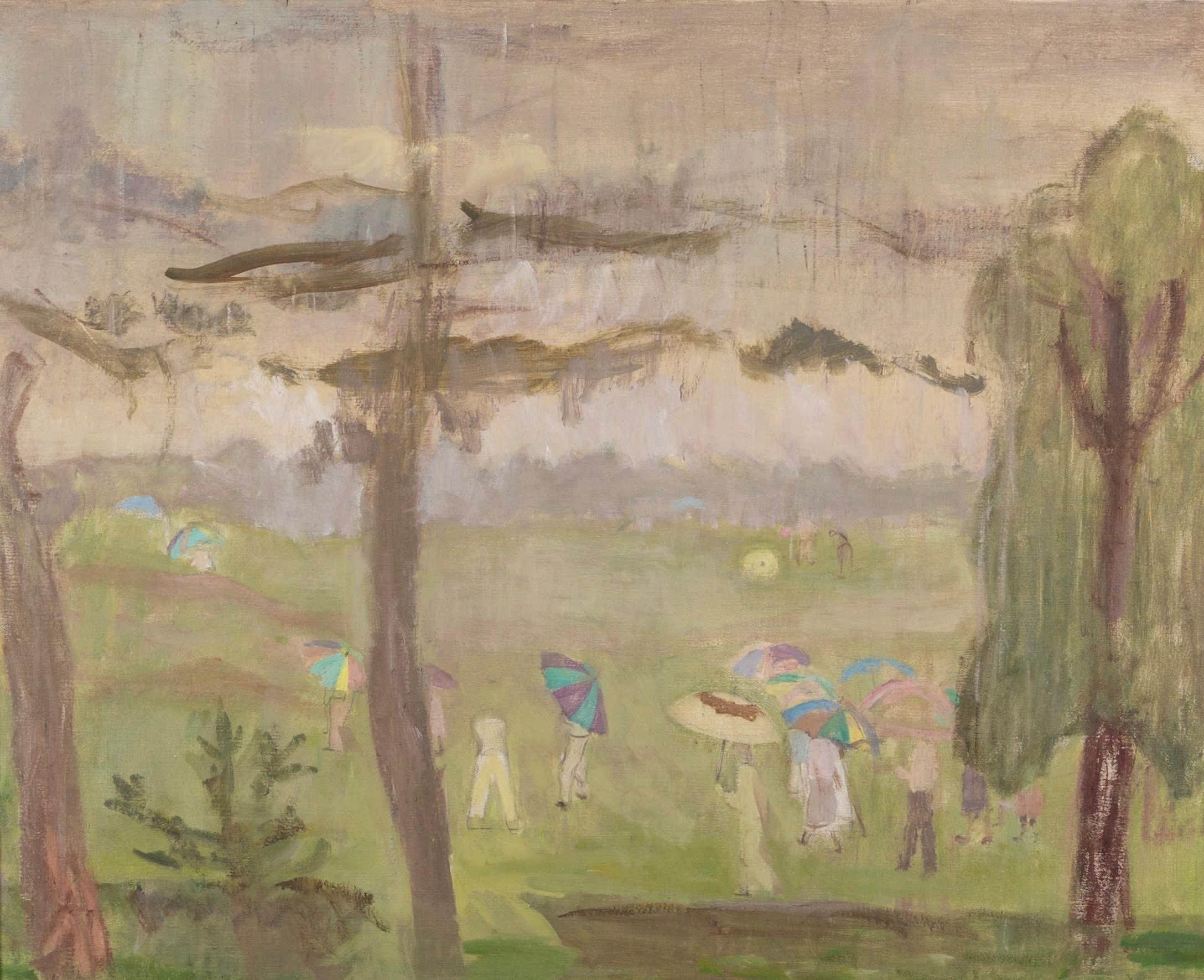 Abstract Painting di Mary Potter - Golfisti sotto la pioggia I (La quattordicesima buca), dipinto olio su tela, 1956 circa