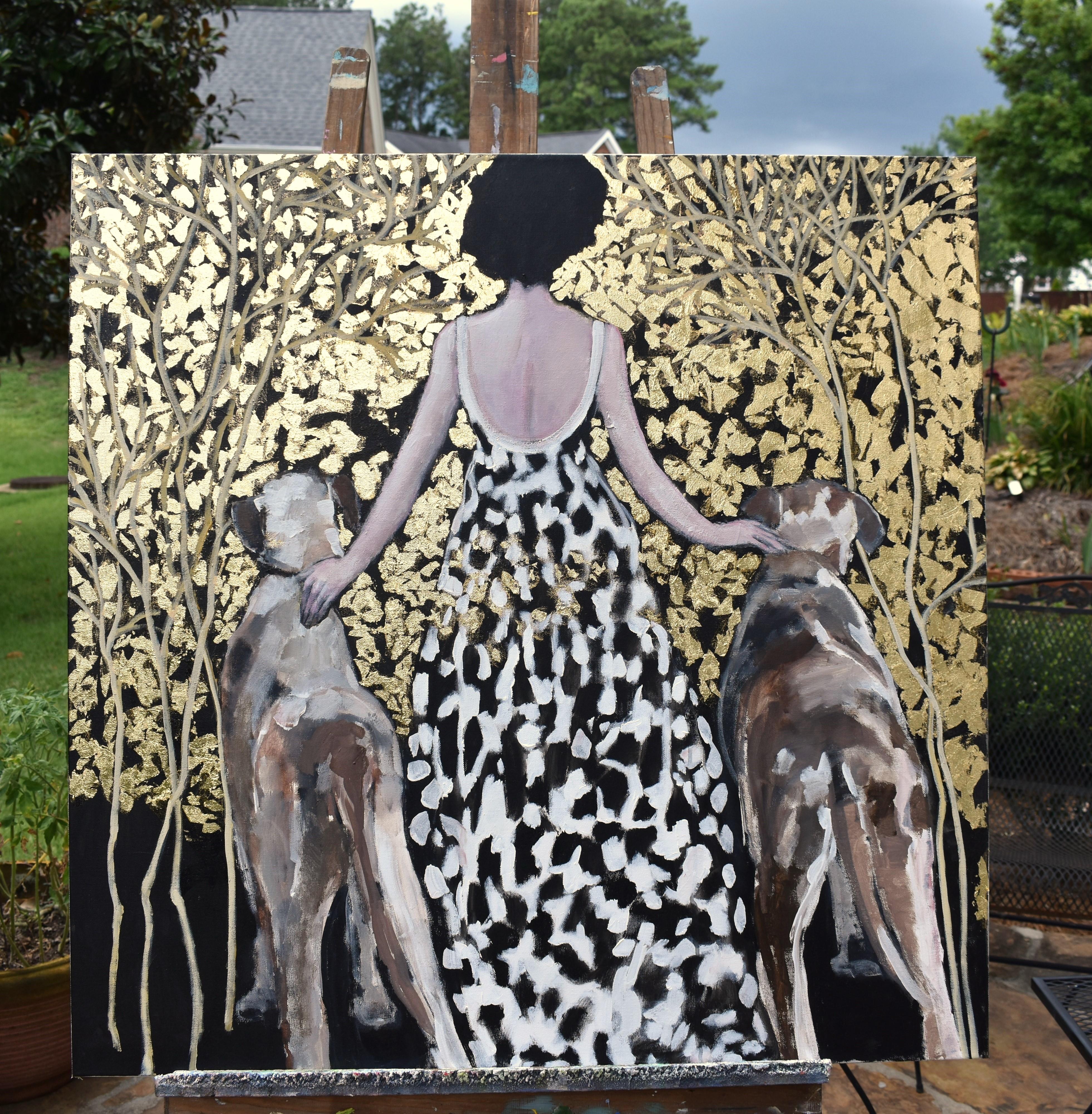 <p>Artist Comments<br>This evocative painting portrays a woman seen from behind, flanked by two large dogs as she stands amidst a luminous, dreamlike landscape. Her black-and-white patterned dress echoes the colors of her petsâ€™ coats, visually
