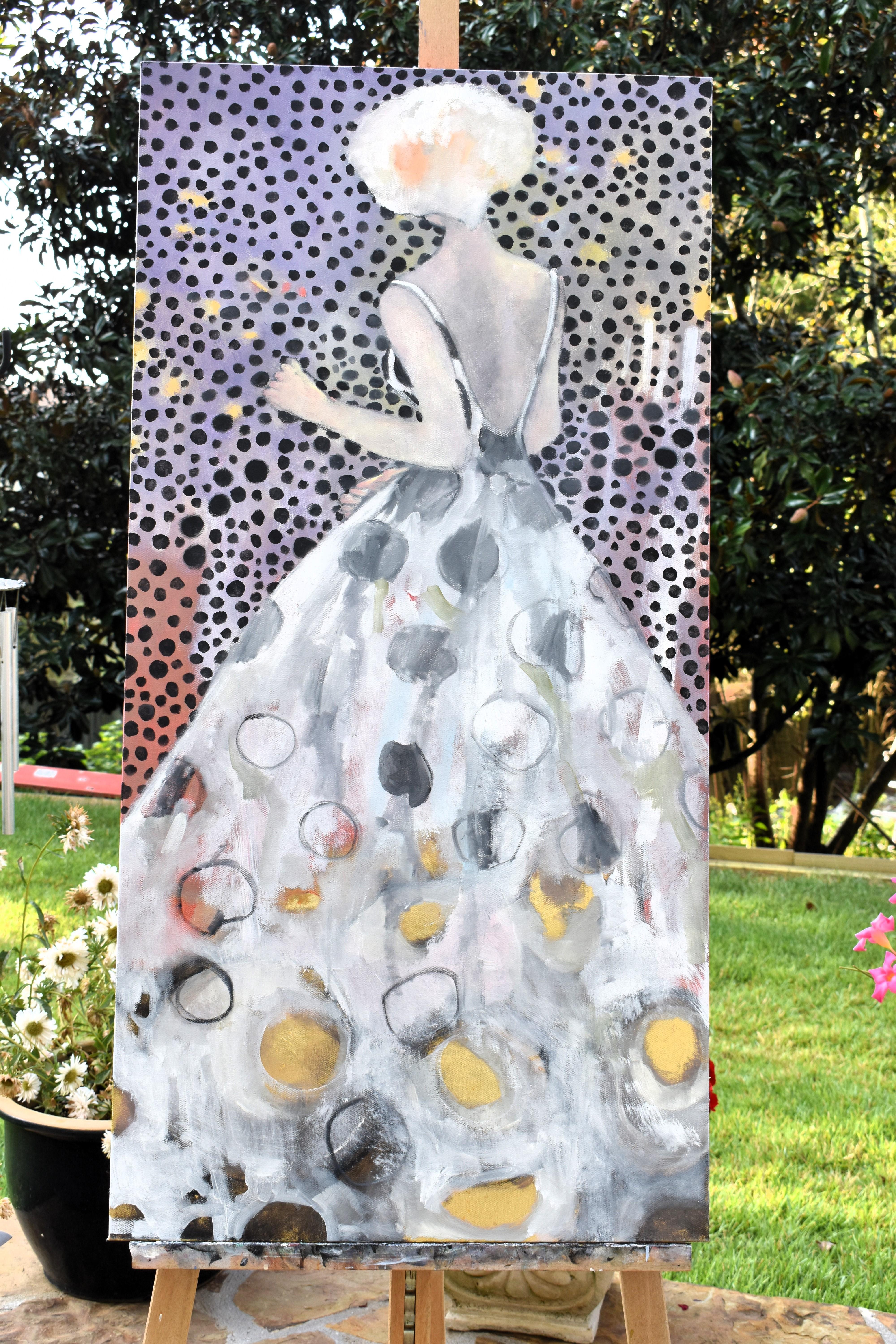 <p>Artist Comments<br>Artist Mary Pratt paints a fashionable woman with her back gracefully turned to the viewer. She wears a long, billowing dress adorned with polka dots that match the pattern in the background. 