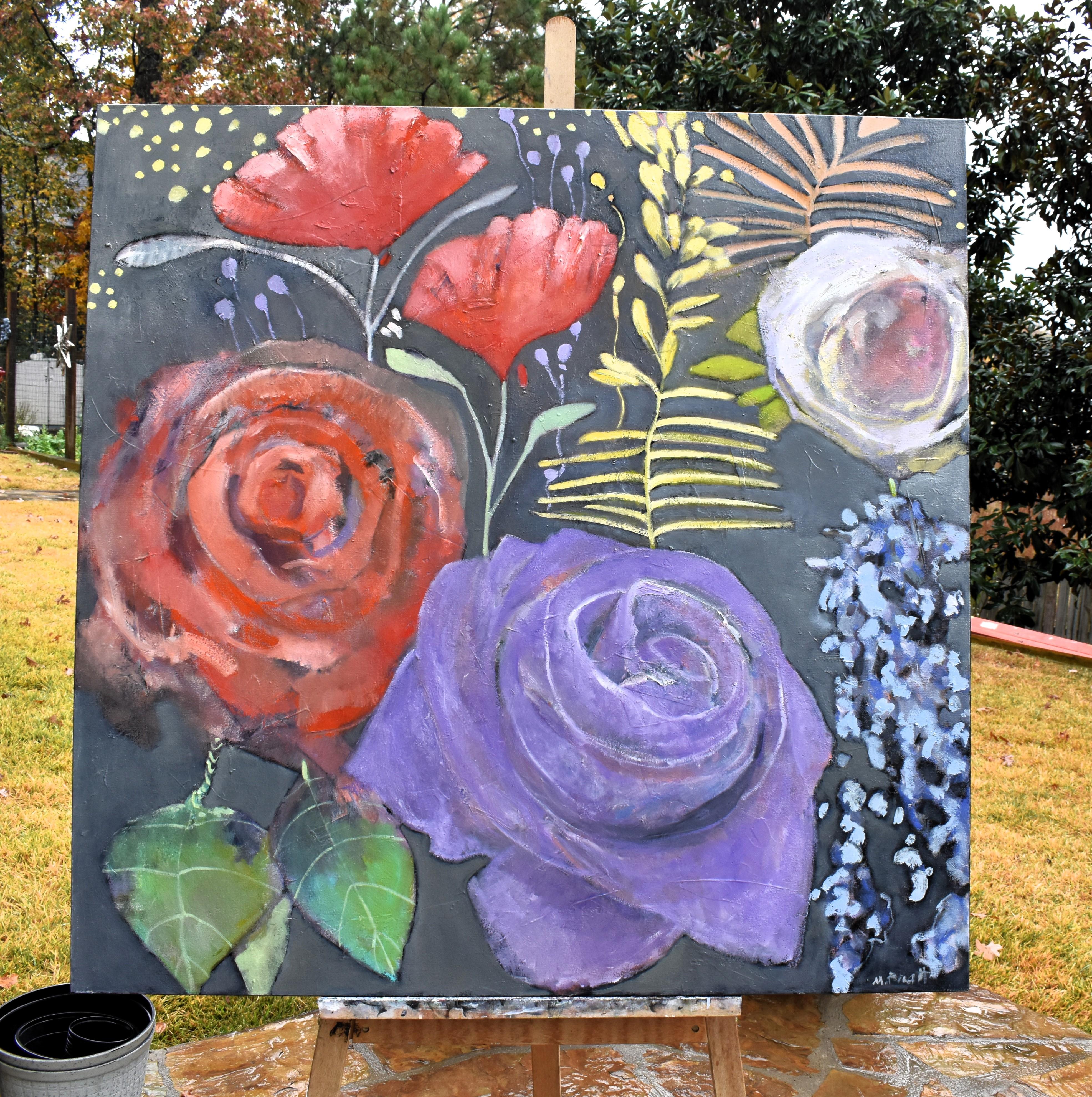 <p>Kommentare des Künstlers<br>Eine Reihe von leuchtenden Blumen blüht vor einem weichen, grauen Hintergrund. Unter ihnen stehlen auffällige rote und violette Rosen das Rampenlicht, während Blätter in verschiedenen Formen und Größen einen reizvollen