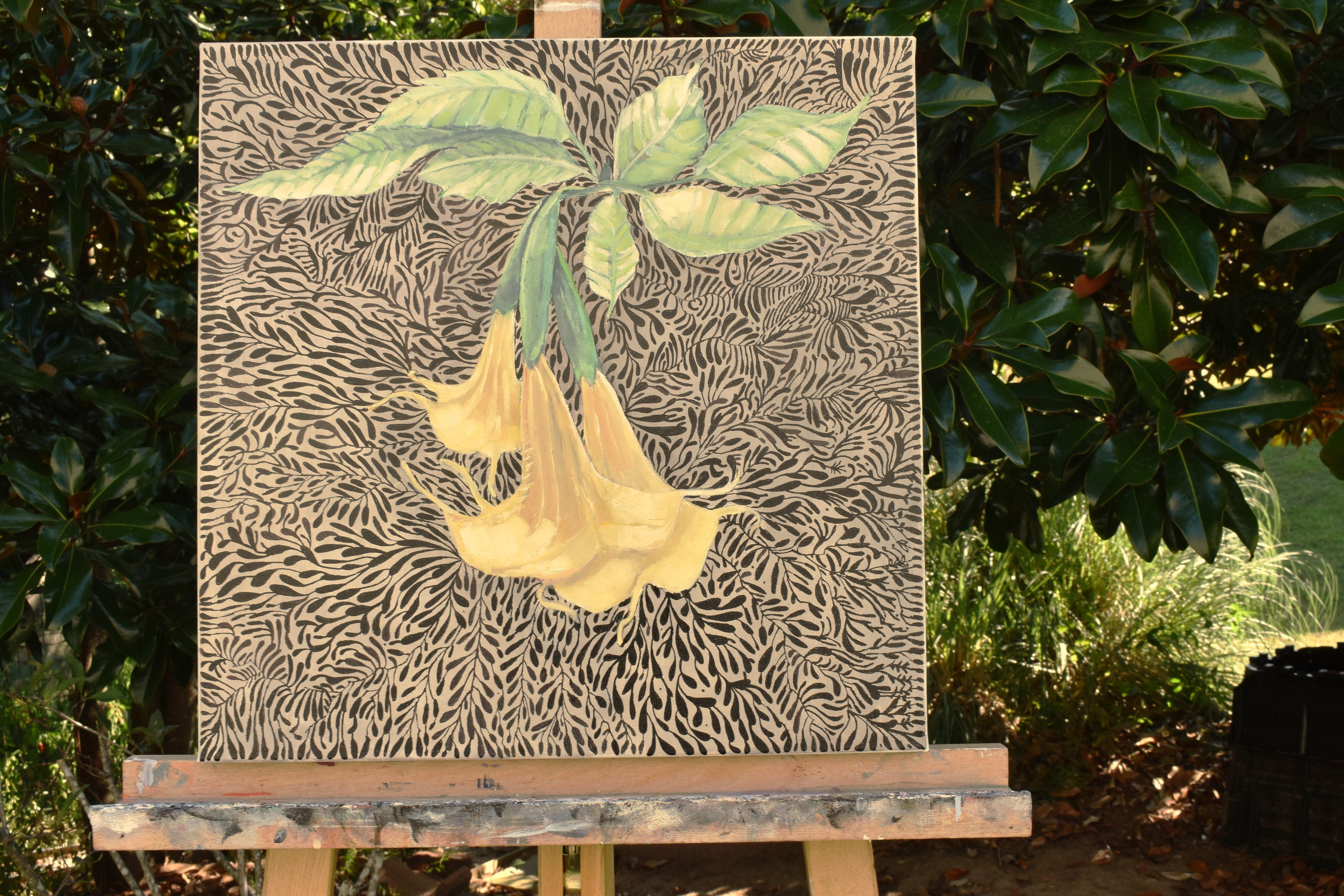 <p>Artist Comments<br />Bright yellow trumpet flowers hang gracefully from green stems, while a leaf-patterned background creates a sense of rhythmic movement. As the summer days wane, artist Mary Prattâ€™s floral collection in her backyard begins