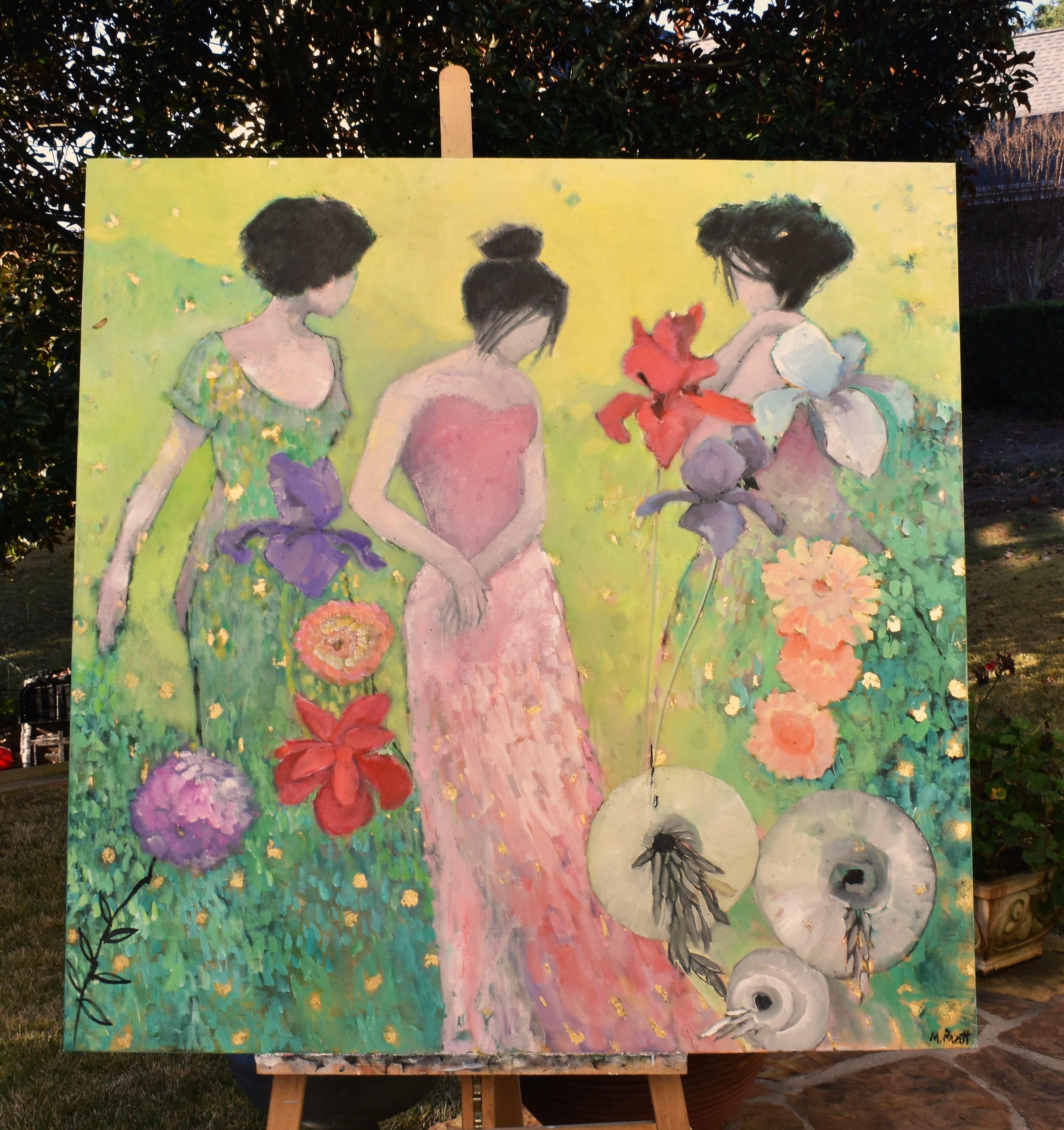 <p>Artist Comments<br />Three figures in colorful dresses stand gracefully amidst a lush, fantasy garden. Oversized flowers in soft pastel tones add a surreal feel to the scene. The composition captures a serene moment of femininity and connection