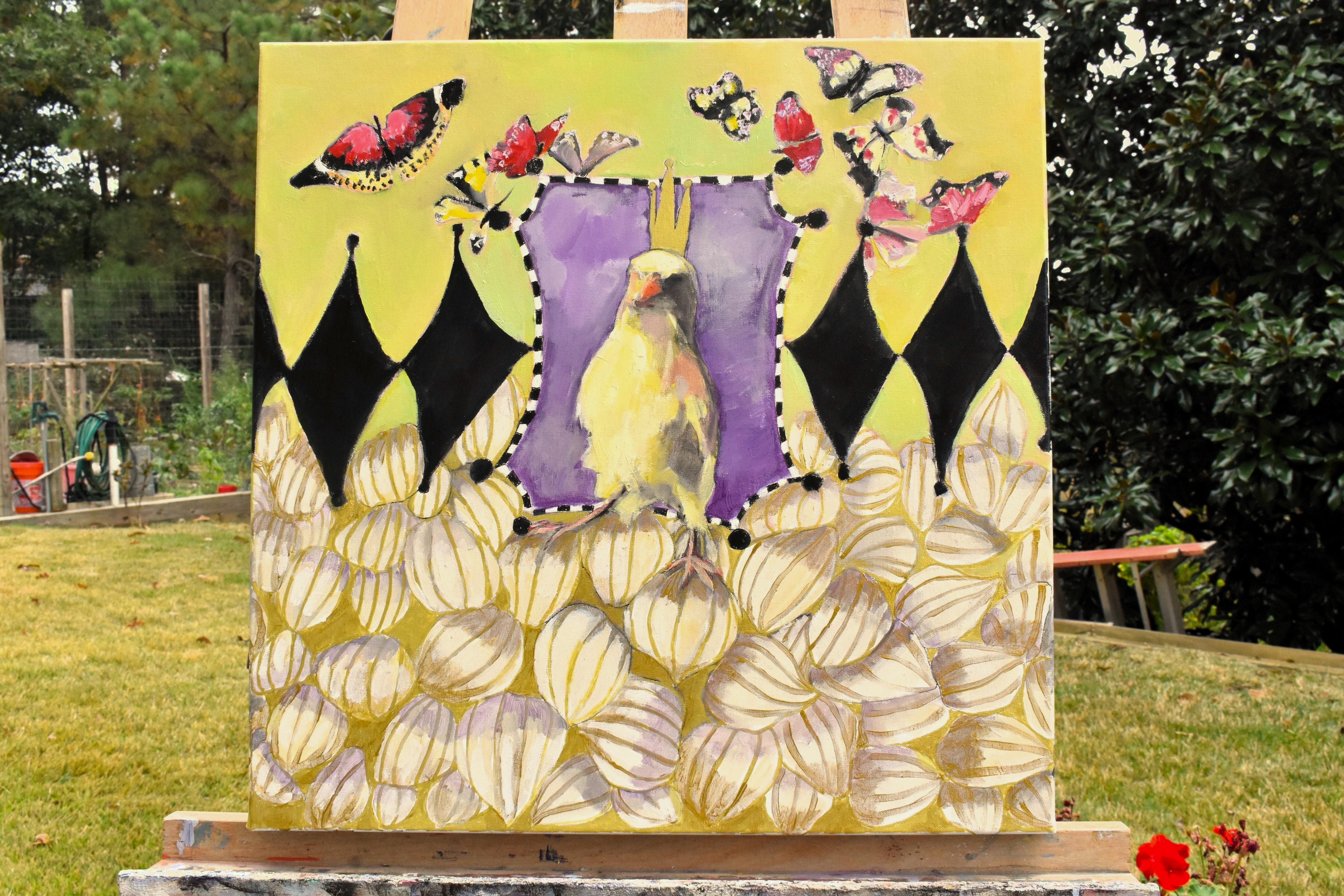 <p>Artist Comments<br />Golden, rimmed petals create a textured ground, supporting a yellow-crowned canary framed against a purple backdrop. Surrounding butterflies add vibrancy and balance, with chartreuse accents that make them stand out. The