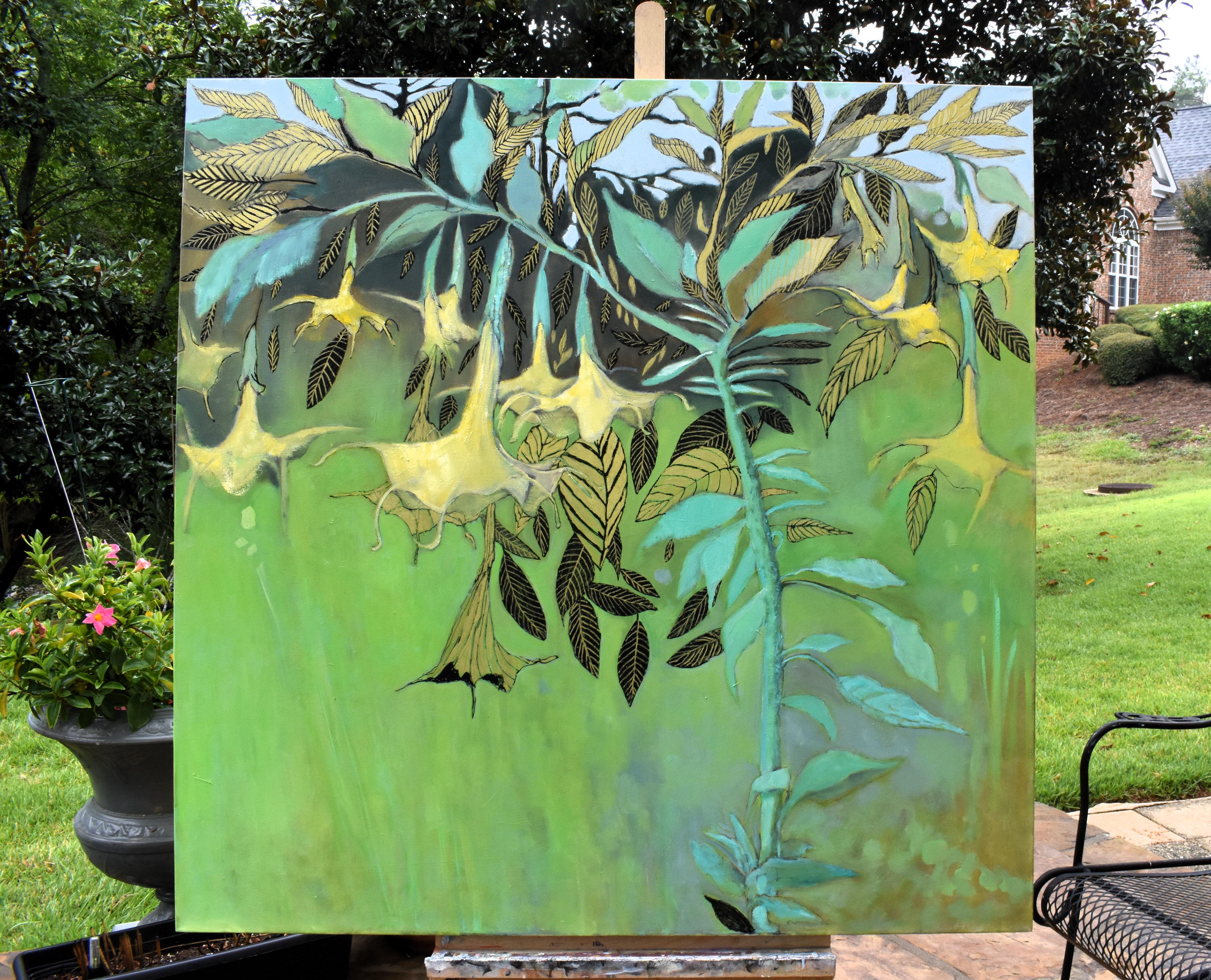 <p>Artist Comments<br />Golden trumpet flowers hang gracefully from a sturdy stem, their beauty enhanced by artist Mary Prattâ€™s use of gold leaf elements and contrasting black leaves. Set against a vibrant green backdrop, these flowers, which grow