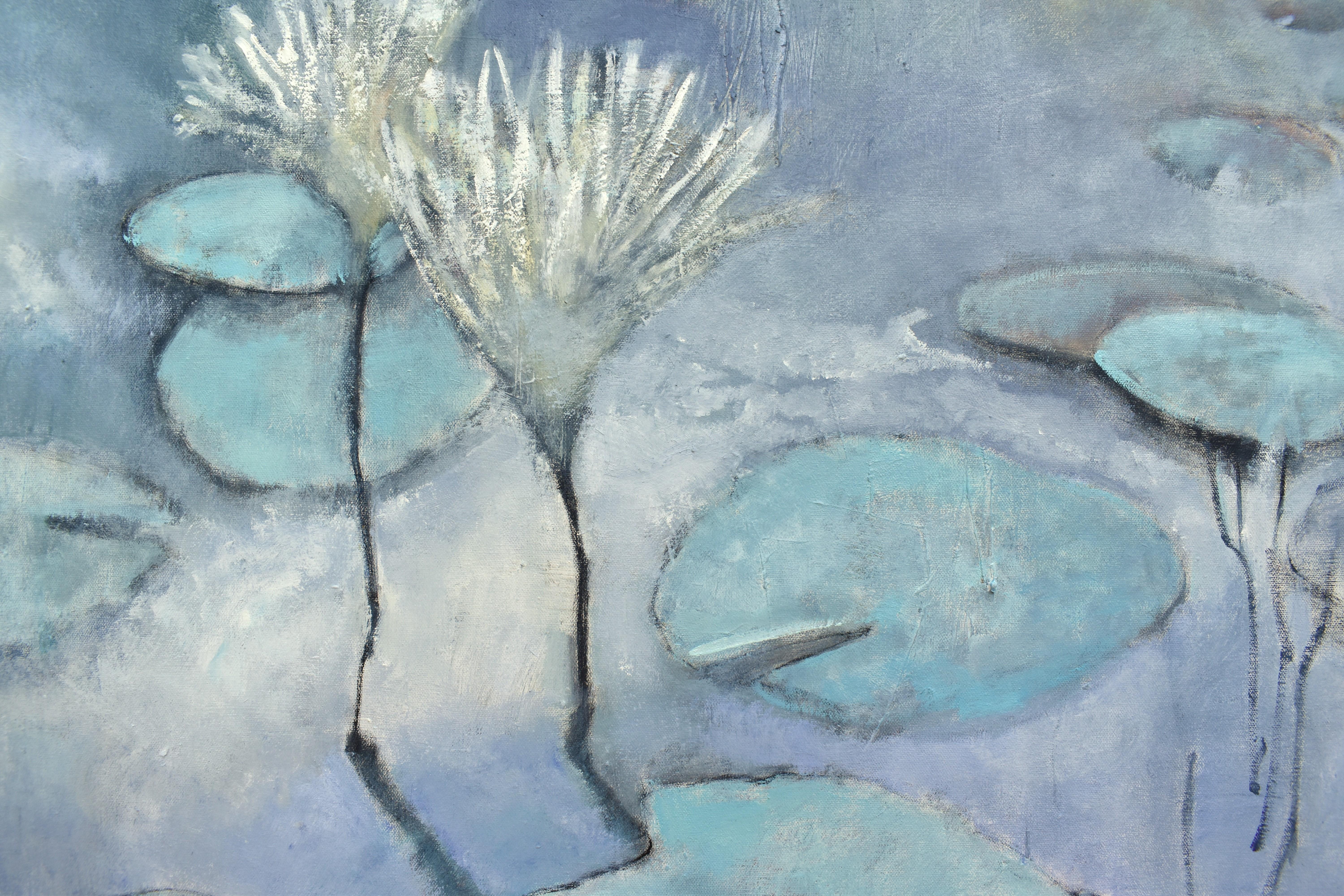 Stagno delle ninfee, pittura a olio - Landscape Painting Blu di Mary Pratt
