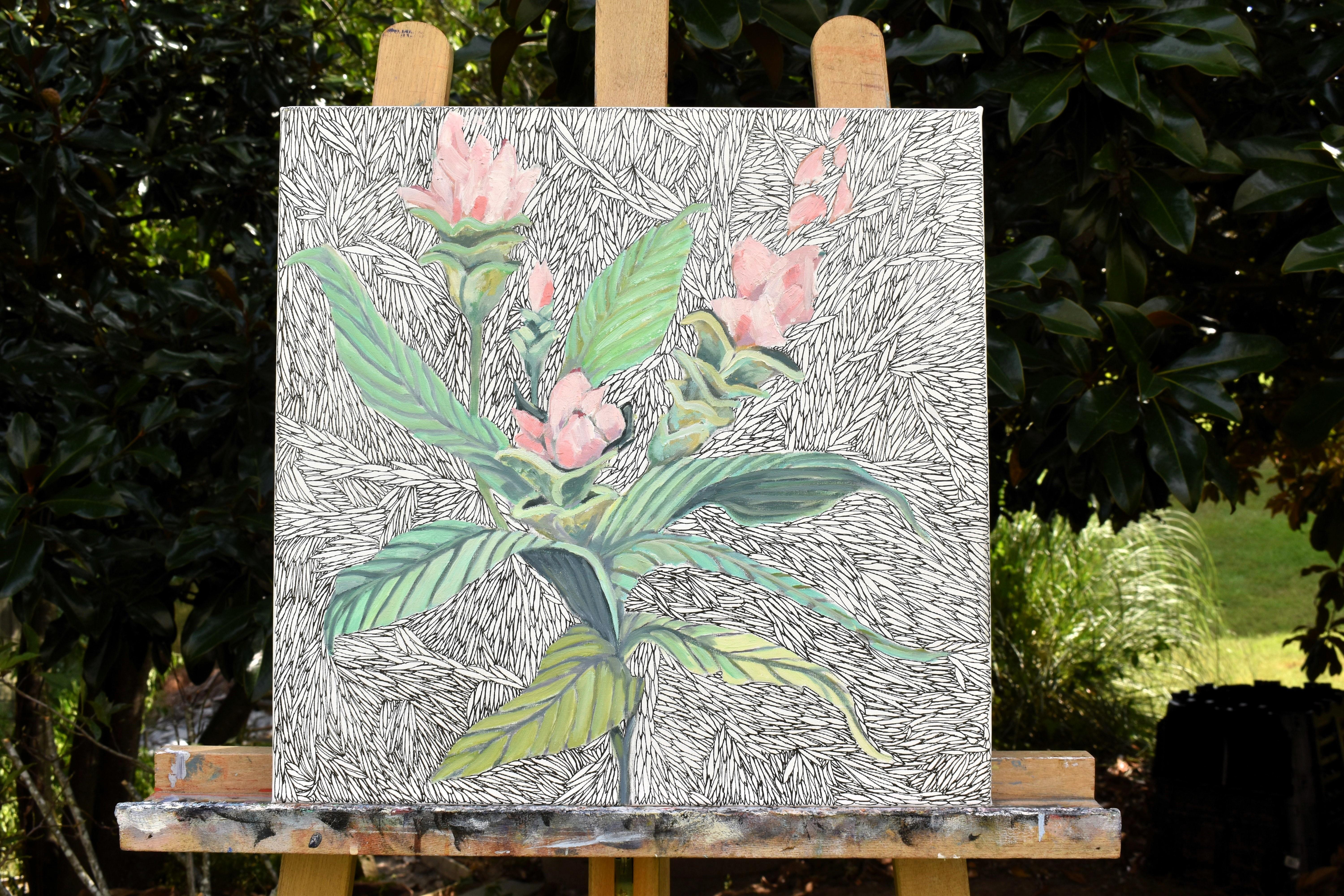 <p>Artist Comments<br />Soft pink flowers bloom against a flowing pattern of tiny leaves, delicately rendered in fine linework. As part of her series featuring the turmeric plant, artist Mary Pratt captures its natural, free-flowing form, painting