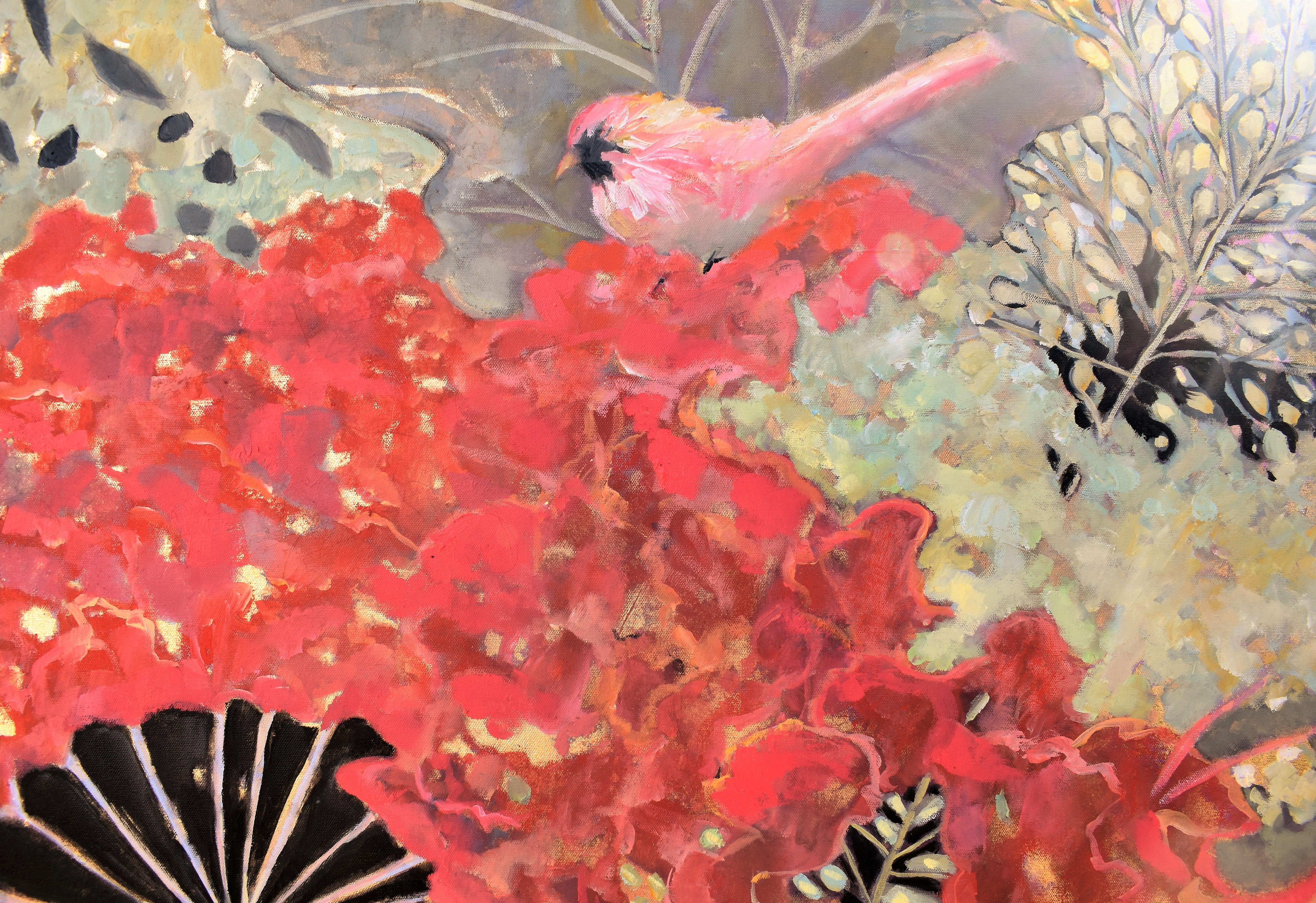 <p>Artist Comments<br>Inspired by her best-loved subject, artist Mary Pratt paints a pink bird resting on a bed of brilliant flora with surrounding gold leaf patterning. The warm hues flow harmoniously with the luminous sheen, in contrast to the