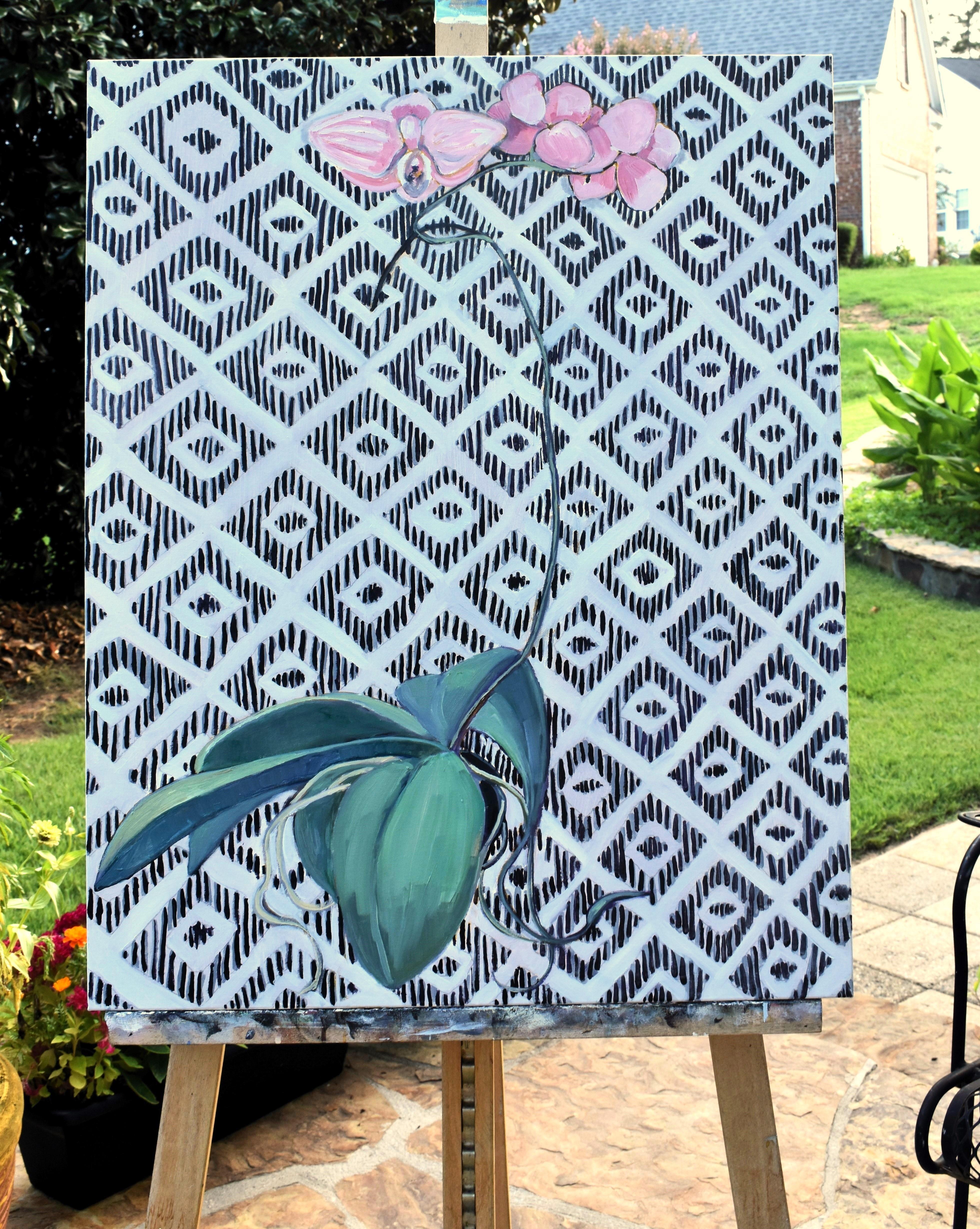 <p>Artist Comments<br />A pink orchid stands out against a black-and-white geometric backdrop, contrasting the flower's softness with the pattern's repetition. Its stem curves gracefully, adding a sense of motion and elegance to the composition.