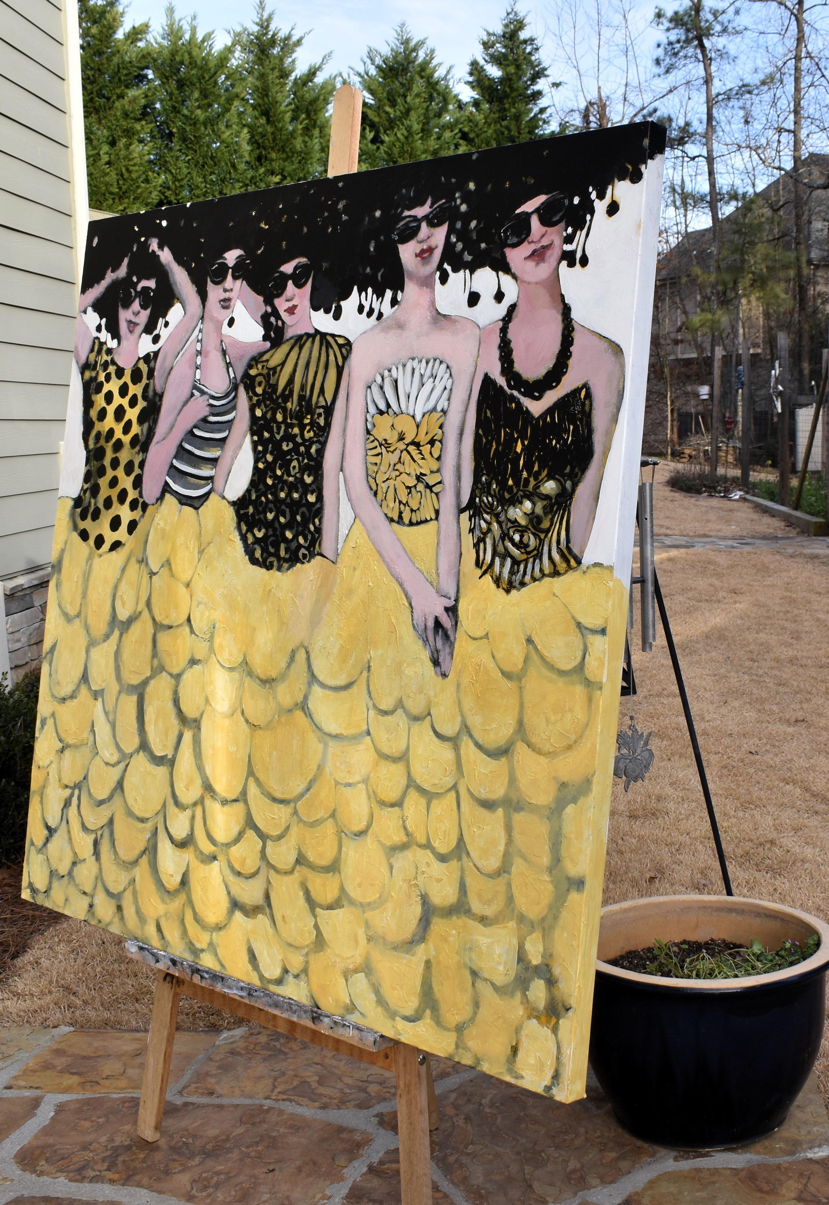 <p>Artist Comments<br>Five women gather together, each striking a unique pose in their continuous yellow scalloped skirt. Pompom-like shapes dangle from below their hair, complementing their outfits. Their close friendship is evident, strengthened