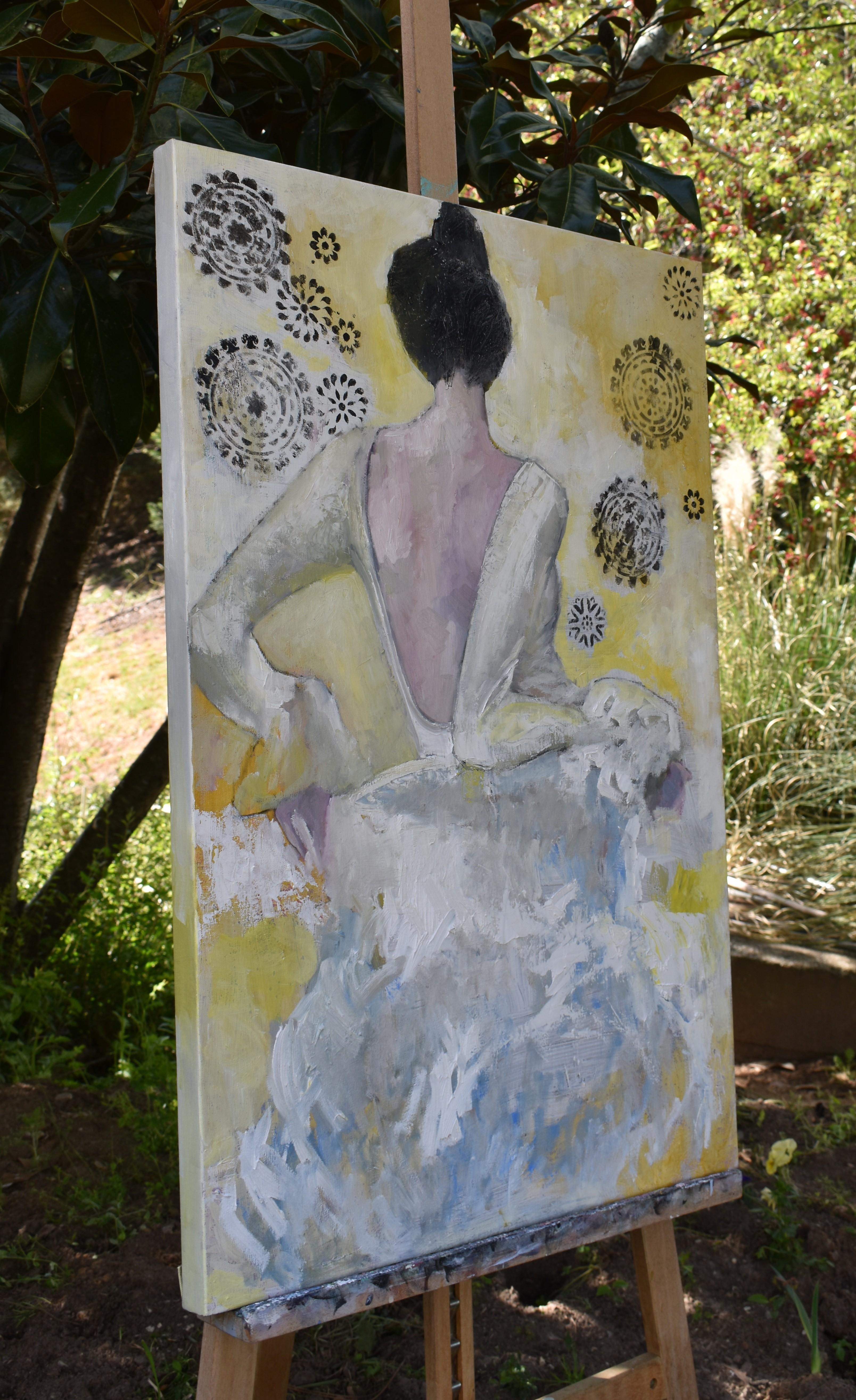 <p>Artist Comments<br>An elegant figure dances among decorative floating shapes, her glowing gown swirling with motion as she twirls with delight. Painted with a palette knife, she stands prominently against the yellow background, evoking a sense of
