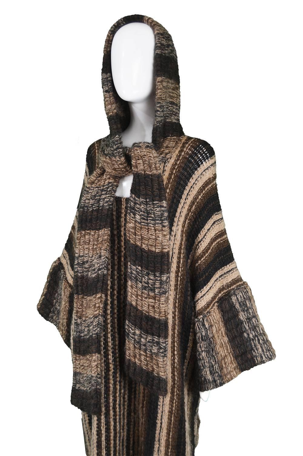 Women's Mary Quant Vintage Brown Avant Garde Knit Poncho Dress with Attached Scarf, 1970