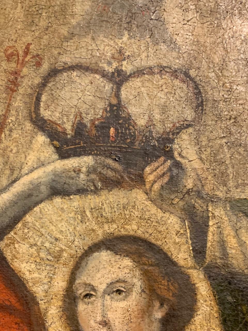 Painted Mary Queen of Heaven - Early 17th Century Spanish Colonial oil on canvas For Sale