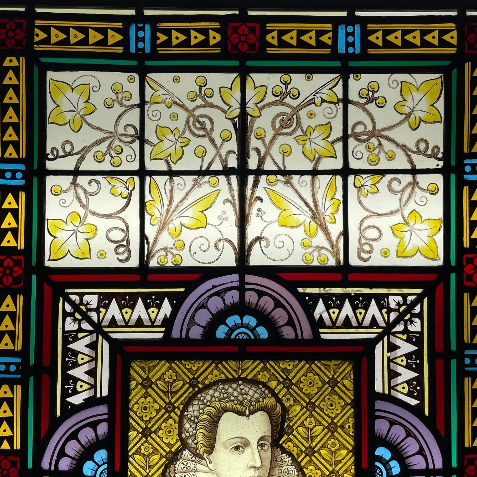 English Mary Queen of Scots Antique Stained Glass Window For Sale