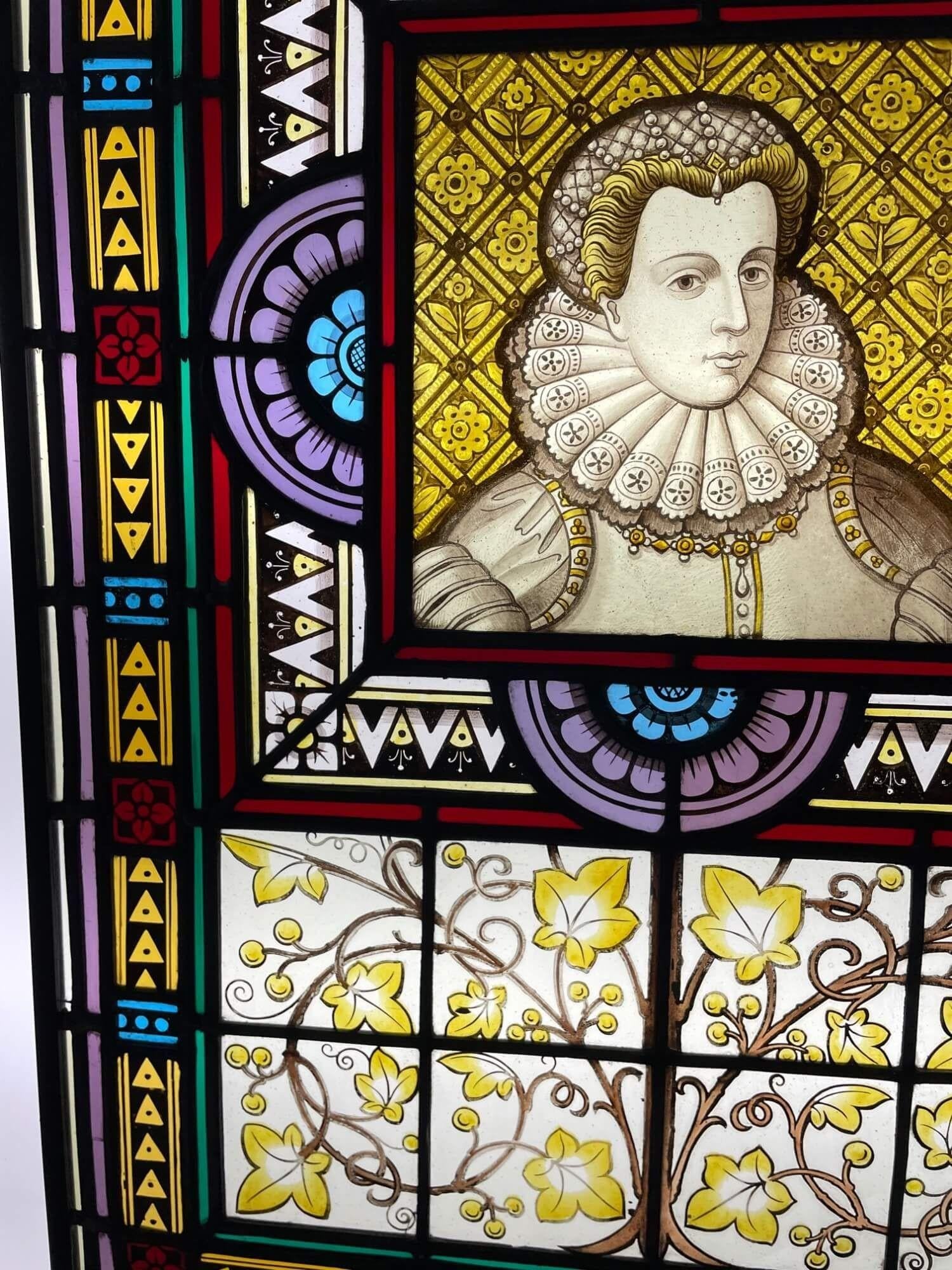 Mary Queen of Scots Antique Stained Glass Window In Fair Condition For Sale In Wormelow, Herefordshire