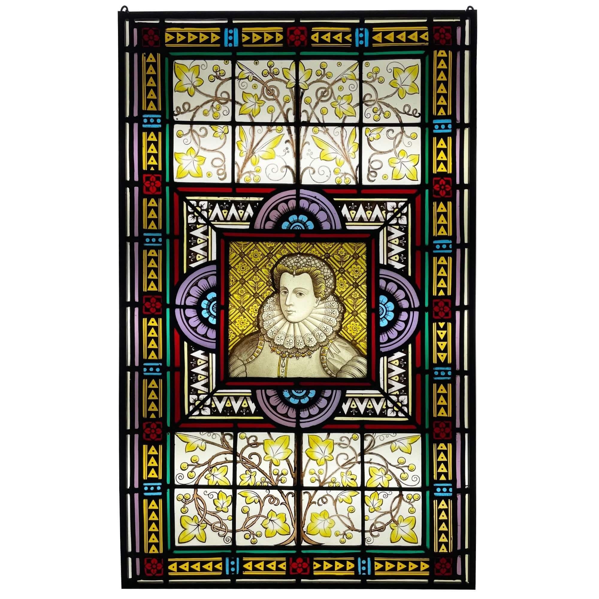 19th Century Mary Queen of Scots Antique Stained Glass Window For Sale