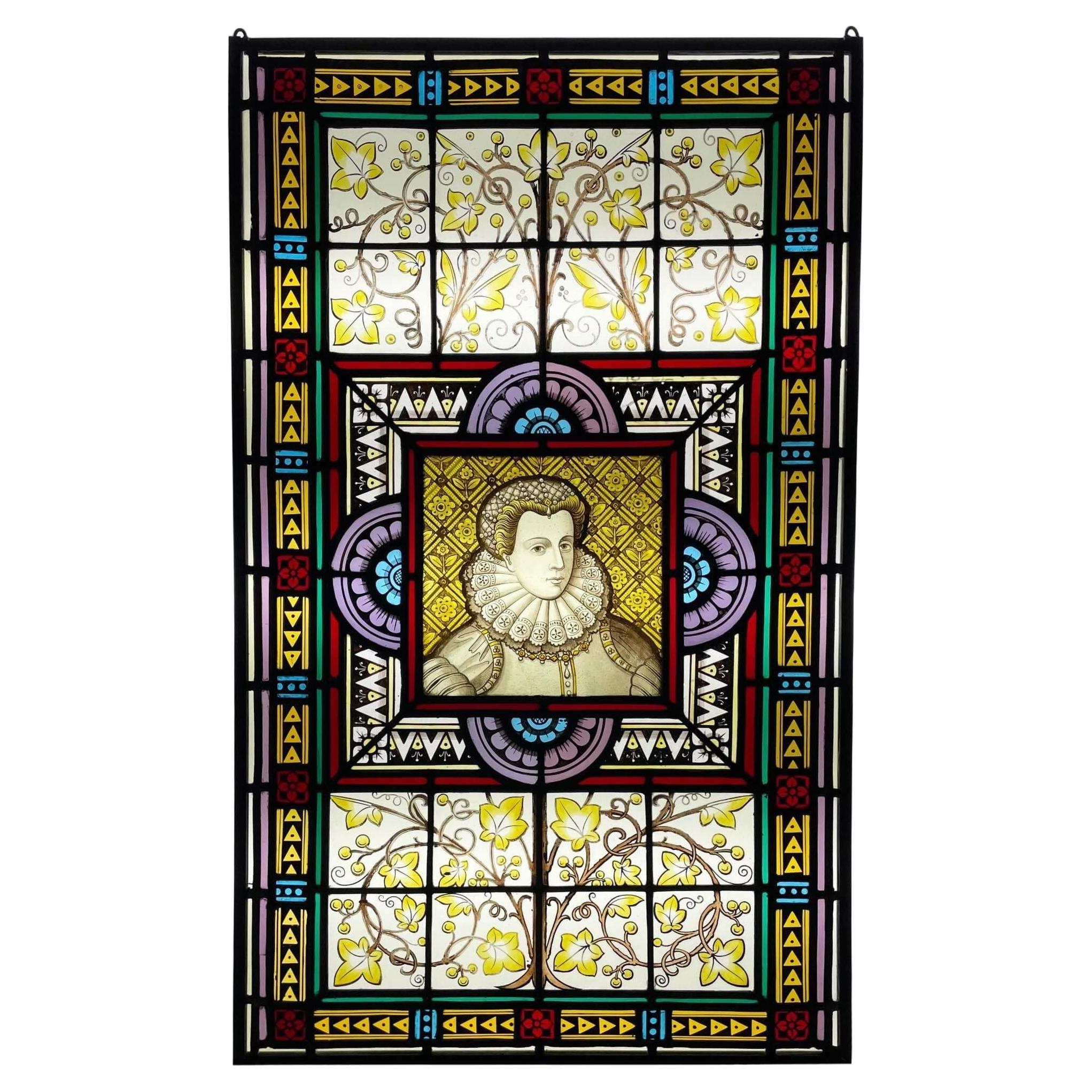 Mary Queen of Scots Antique Stained Glass Window For Sale