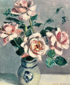 1950’s French Impressionist Signed Oil Pink Roses Paris still life gilt frame