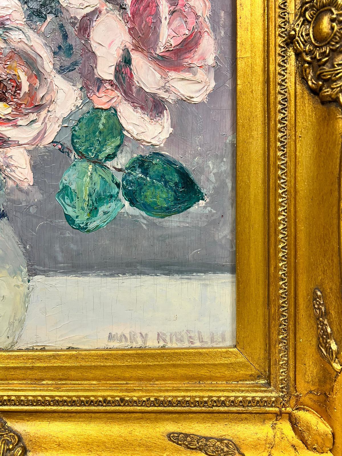 1950’s French Impressionist Signed Oil Pink Roses Paris still life gilt frame For Sale 1