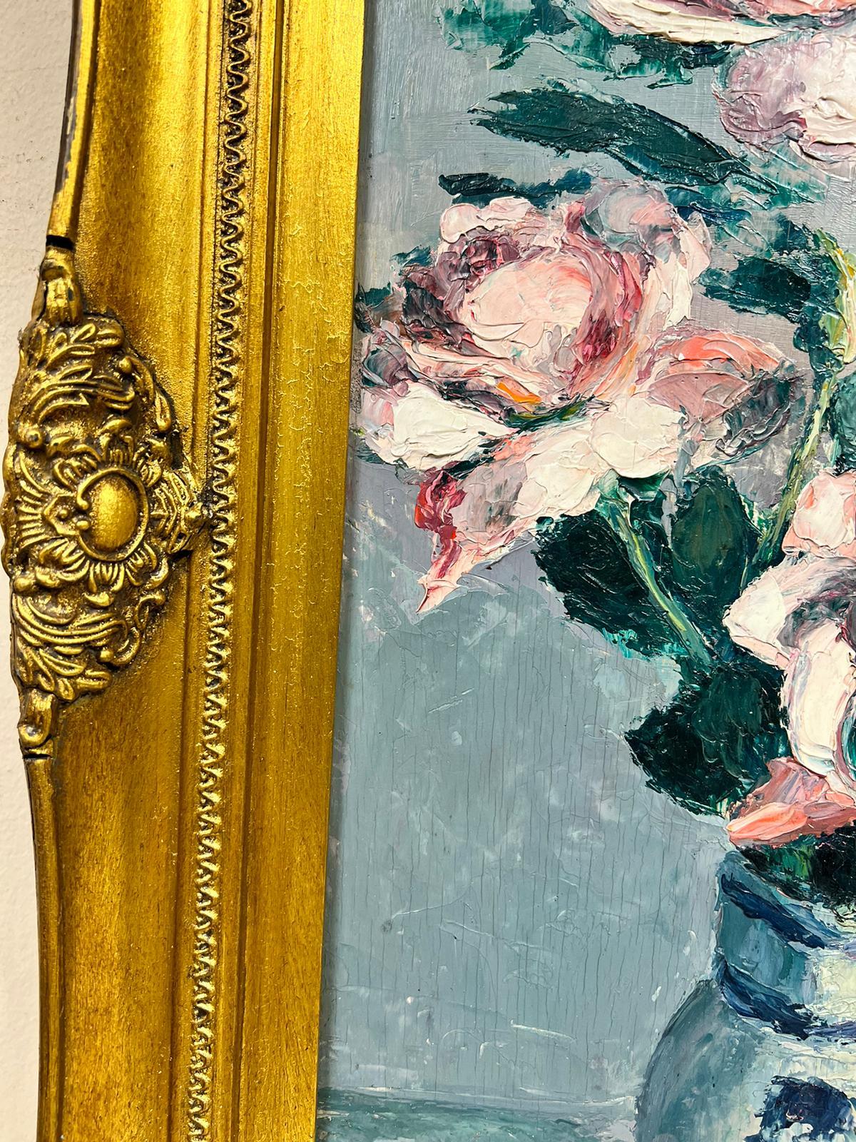 1950’s French Impressionist Signed Oil Pink Roses Paris still life gilt frame For Sale 3