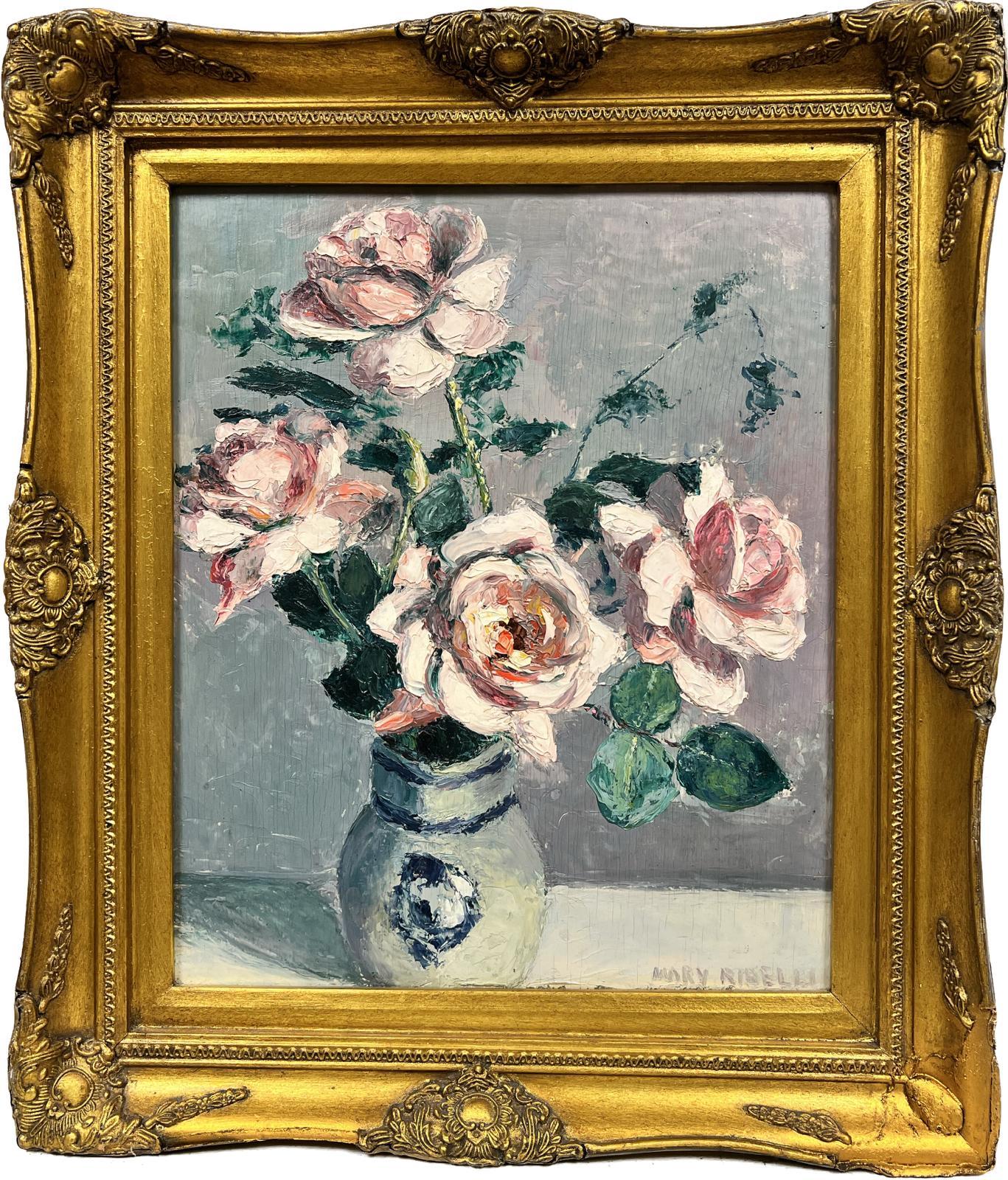 Mary Ribelli Interior Painting - 1950’s French Impressionist Signed Oil Pink Roses Paris still life gilt frame