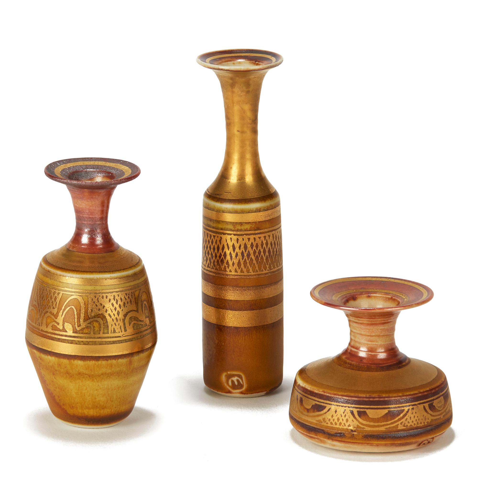 English Mary Rich Trio Geometric Gold Lustre Miniature Porcelain Studio Ceramic Vases
