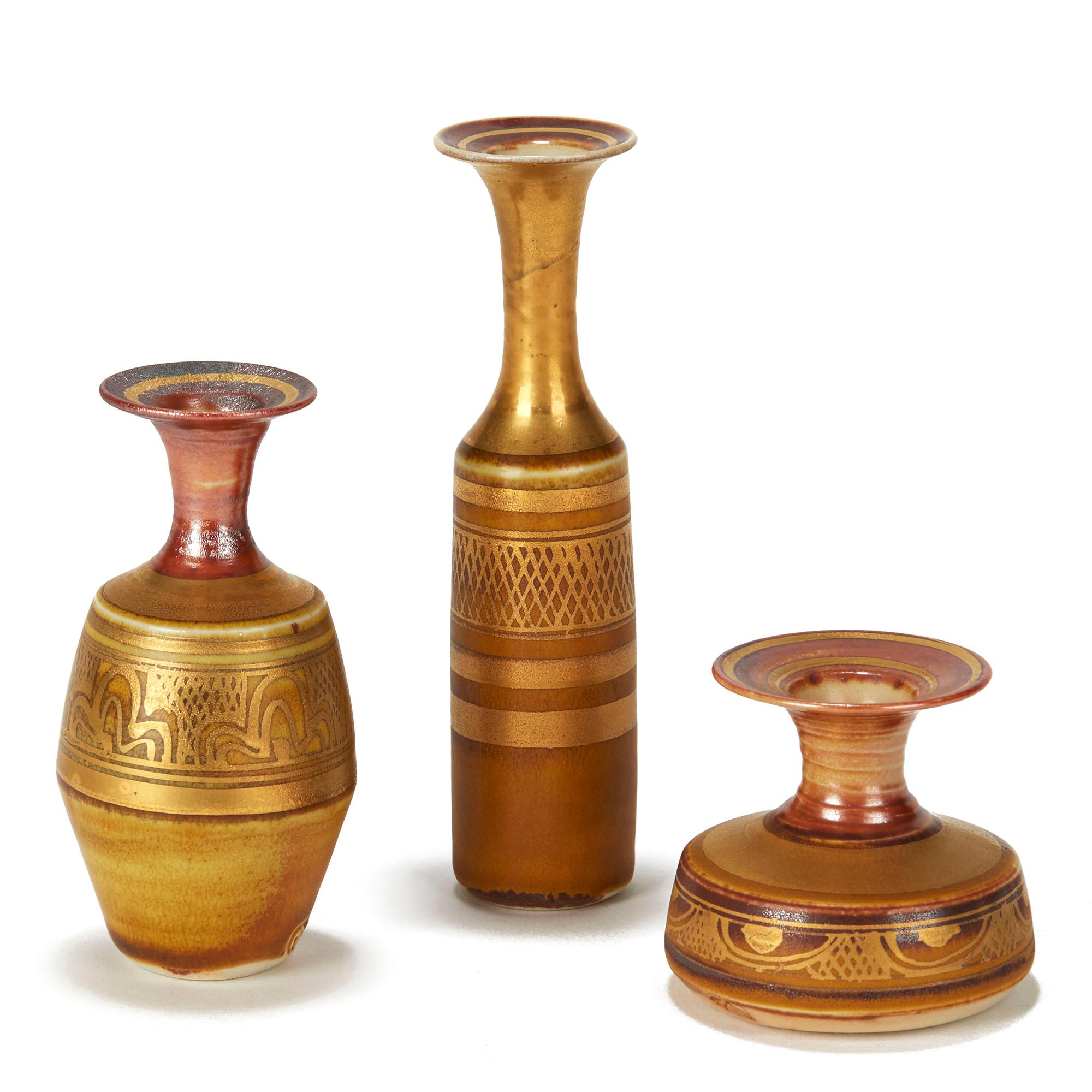 Hand-Painted Mary Rich Trio Geometric Gold Lustre Miniature Porcelain Studio Ceramic Vases