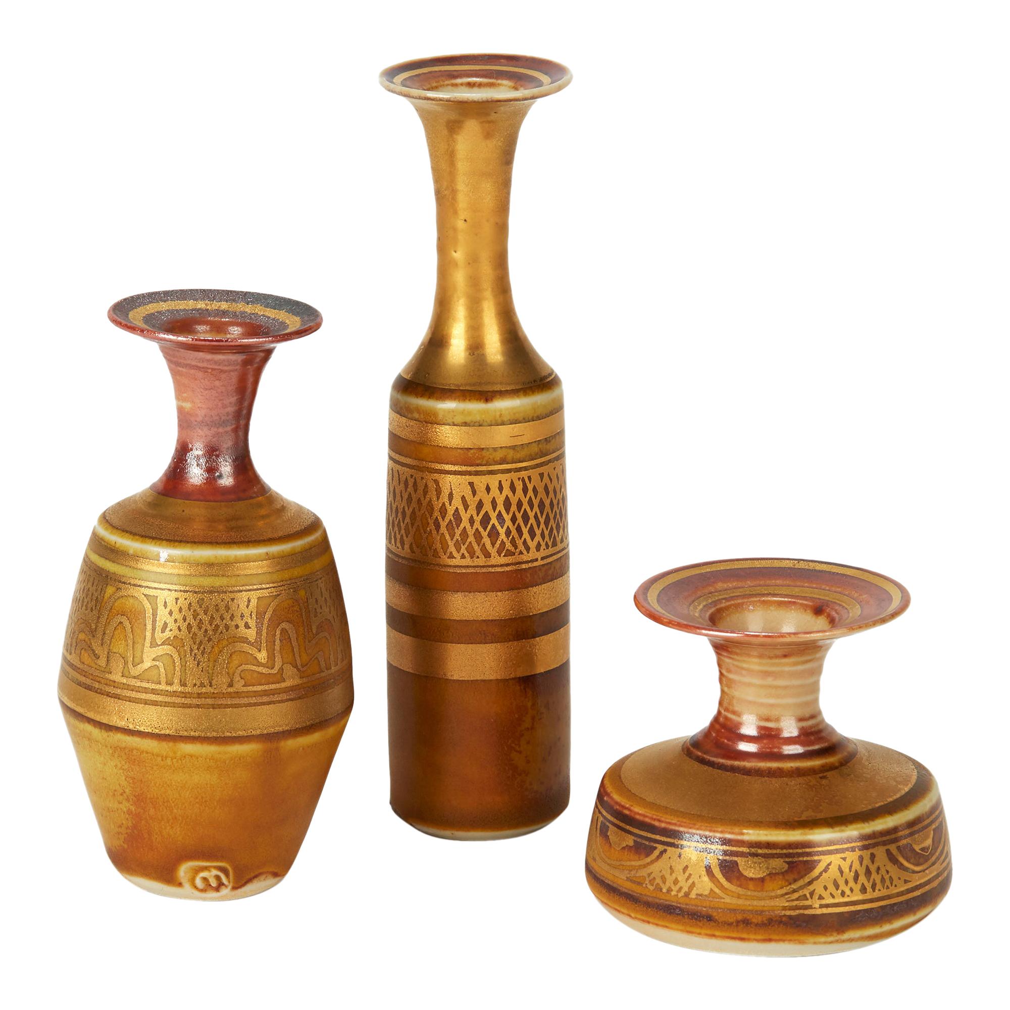 Mary Rich Trio Geometric Gold Lustre Miniature Porcelain Studio Ceramic Vases
